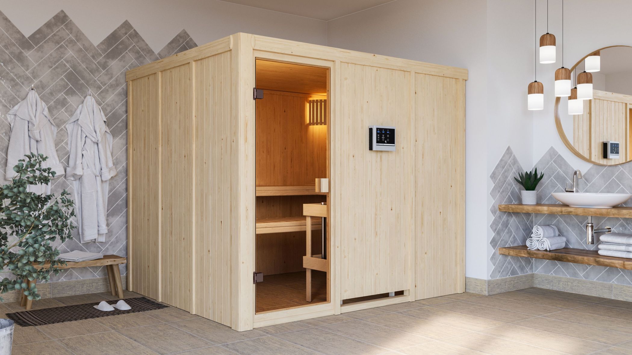 Karibu Sauna Nybro als hochwertige Sauna aus nordischer Fichte im Wohnraum-Ambiente