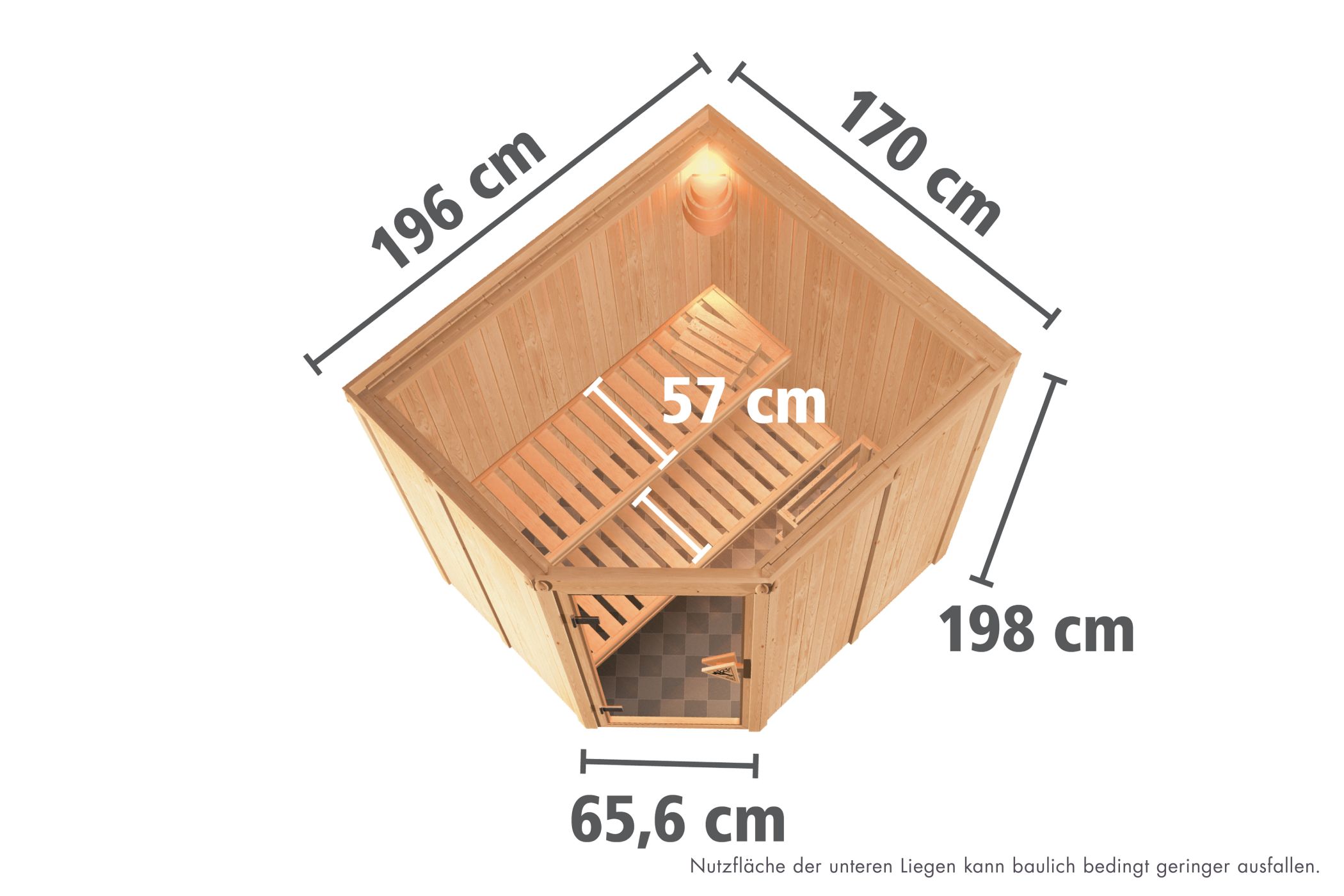 Maßzeichnung der Karibu Sauna Siirin Basismodell mit Außenmaß 196 × 170 cm und Höhe 198 cm