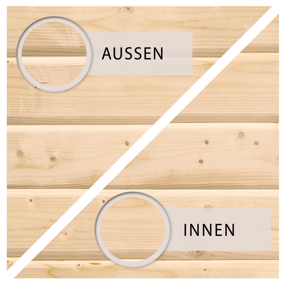 Wandholz eines Karibu Gartenhauses, außen und innen naturbelassen