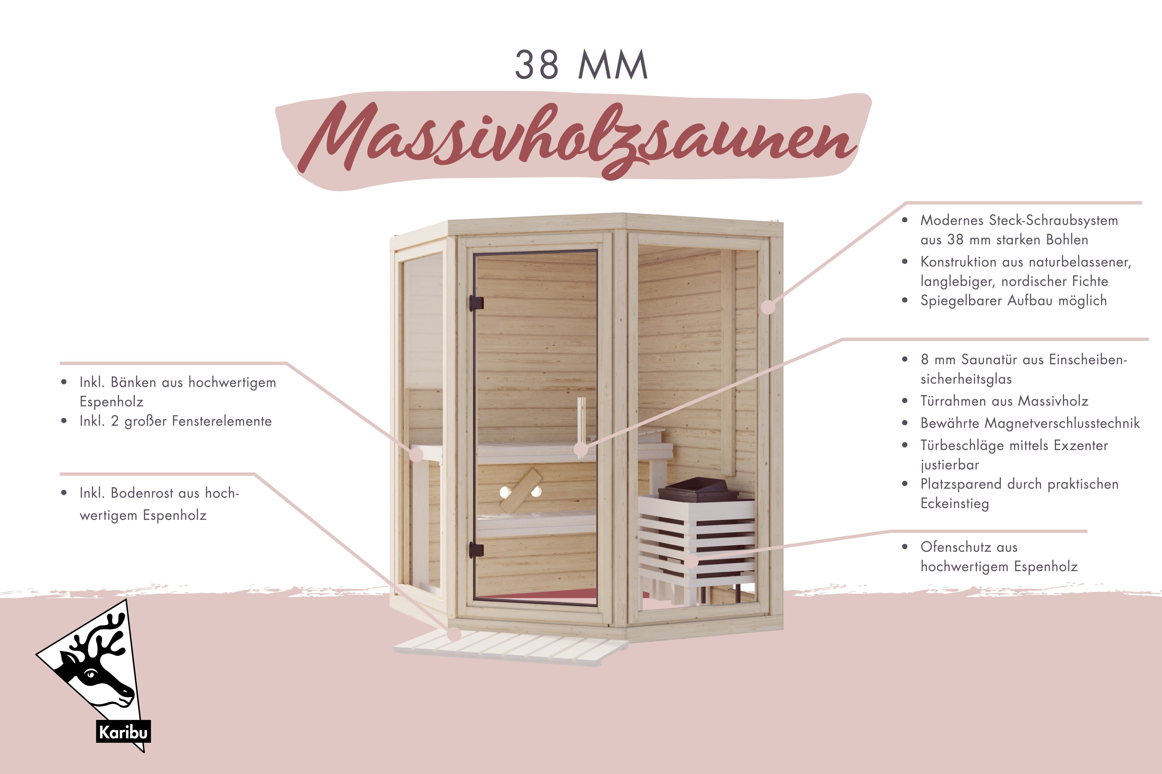 Außenansicht der Karibu Sauna Yuma aus nordischer Fichte mit Ganzglastür und Fronteinstieg
