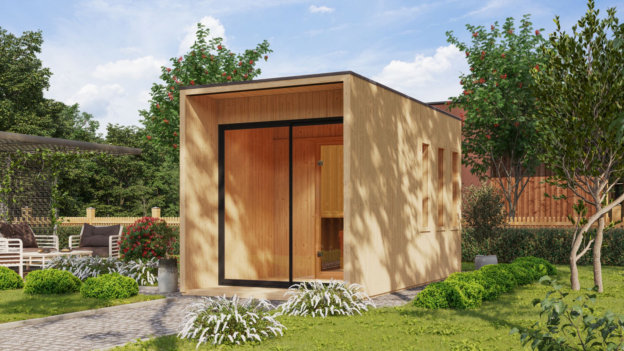 Karibu Saunahaus Miramar als Gartensauna aus Massivholz im Garten mit Glasfront