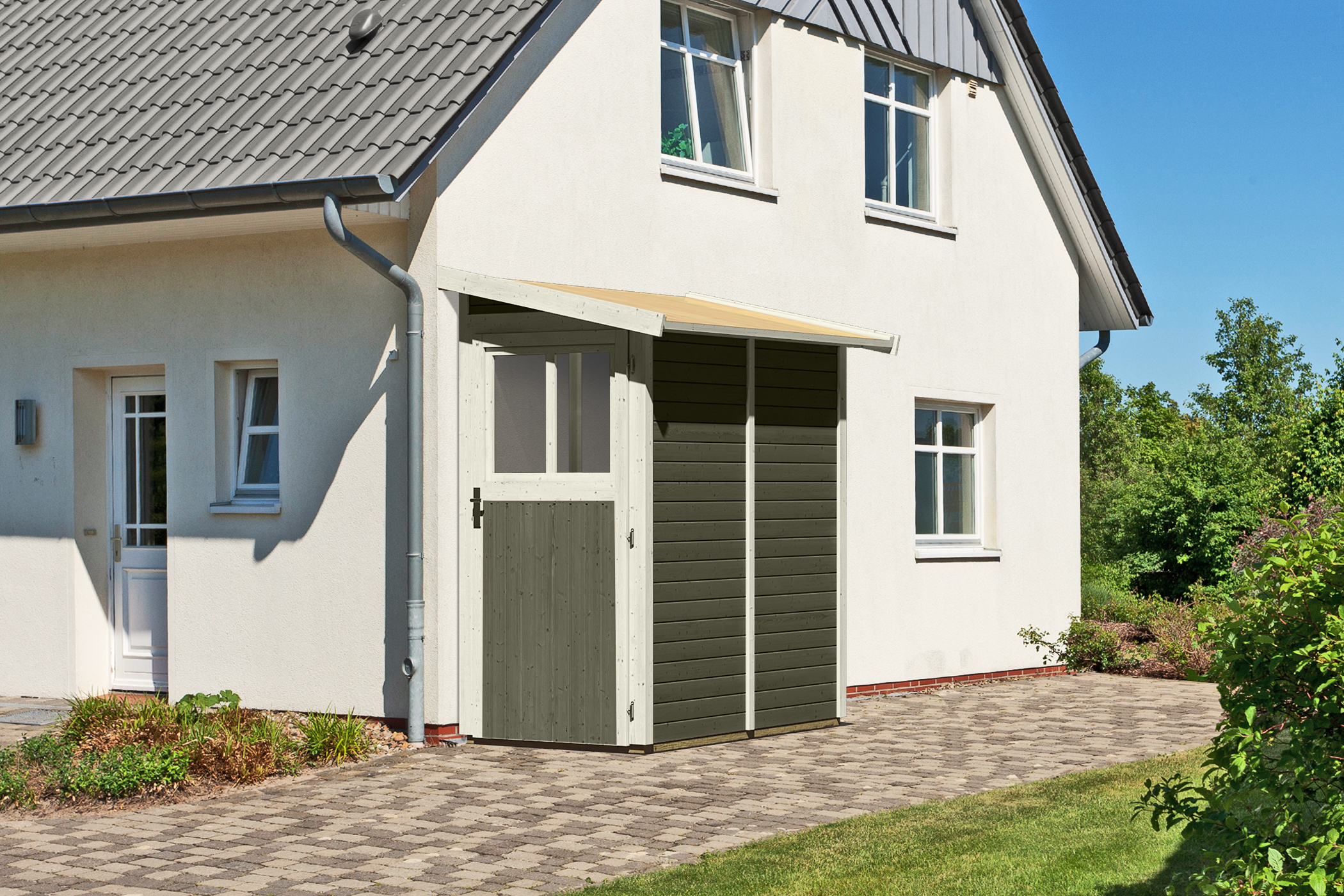 Karibu Gerätehaus Görlitz in Terragrau, Außenansicht