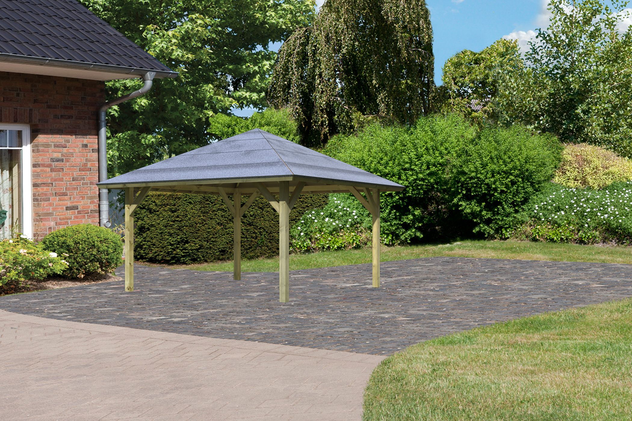 Übersicht der Ausstattung der Karibu Kirn-Carports mit Walmdach und 9 × 9 cm KDI-Massivholzpfosten