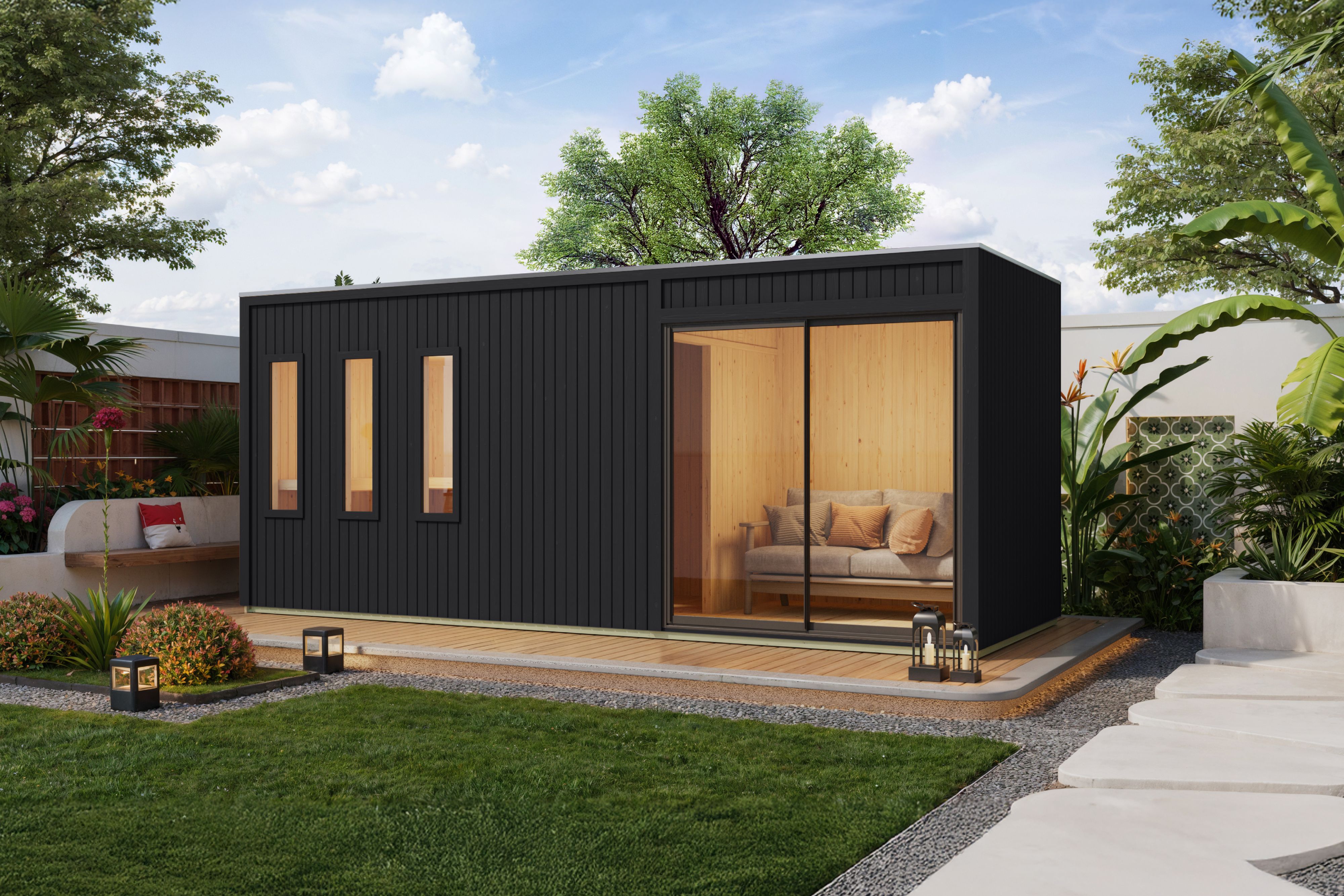 Karibu Saunahaus Monterey als Gartensauna aus Massivholz im Garten mit Glasfront
