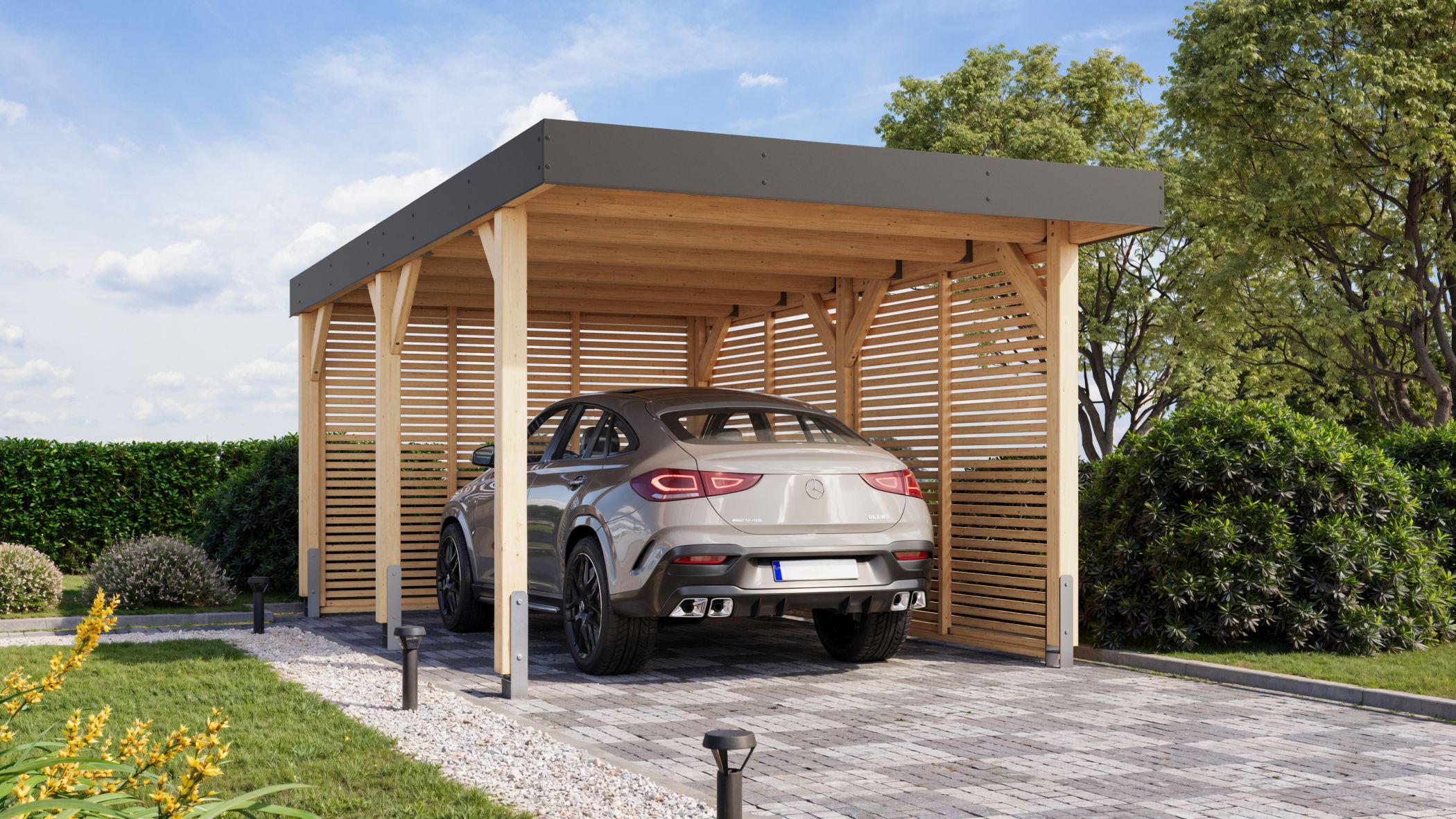 Karibu Einzelcarport Leimholz 1 aus Leimholz mit Flachdach im Garten aufgebaut