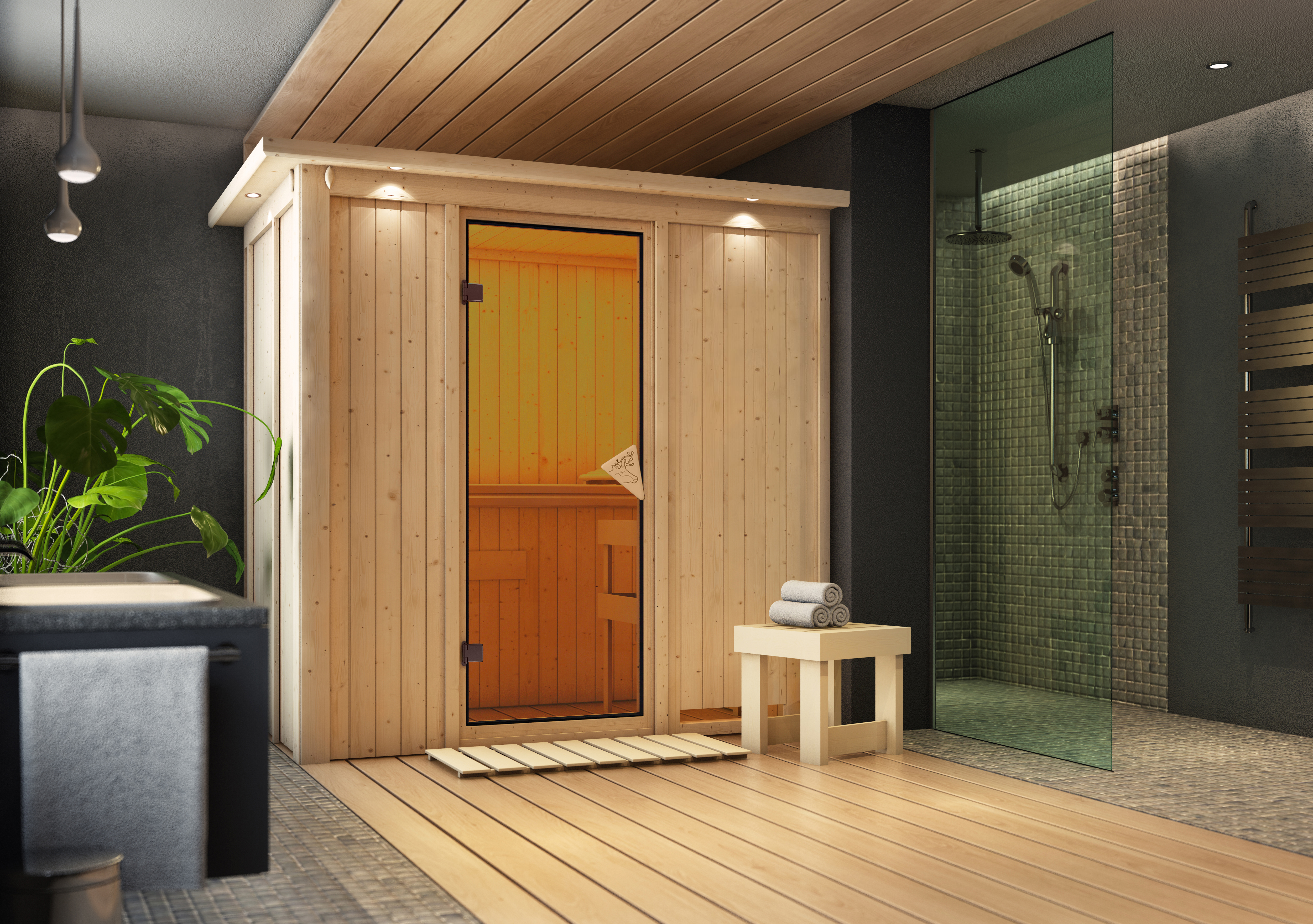 Karibu Sauna Variado als stimmungsvoller Wellnessbereich in einem modern eingerichteten Wohnraum