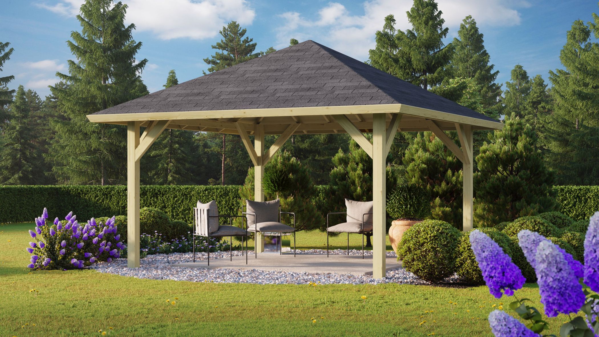 Karibu Pavillon Holm 1 aus KDI-Massivholz mit Walmdach im Garten als Ambiente-Ansicht