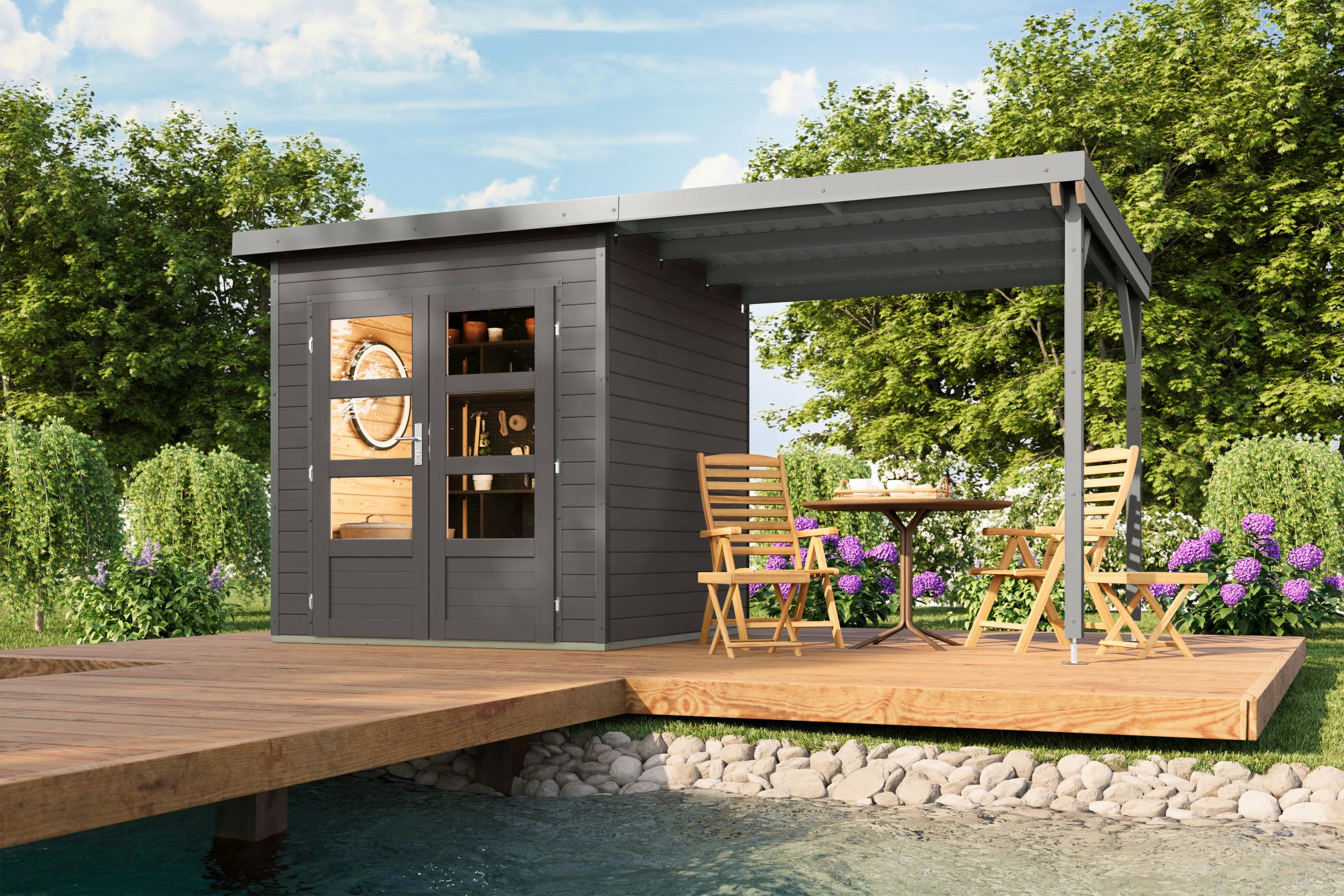 Karibu Gartenhaus Holz & Metall Pluto 1 in Terragrau mit Metall in Graualuminium und Anbaudach im Garten
