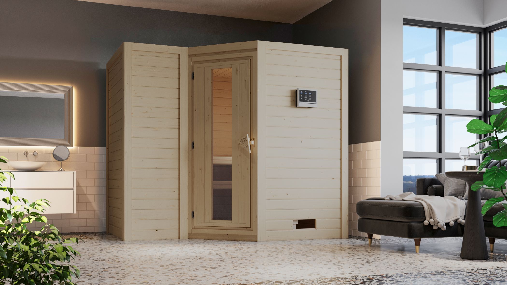Karibu Sauna Sahib 2 als hochwertige Sauna aus nordischer Fichte im Wohnraum-Ambiente