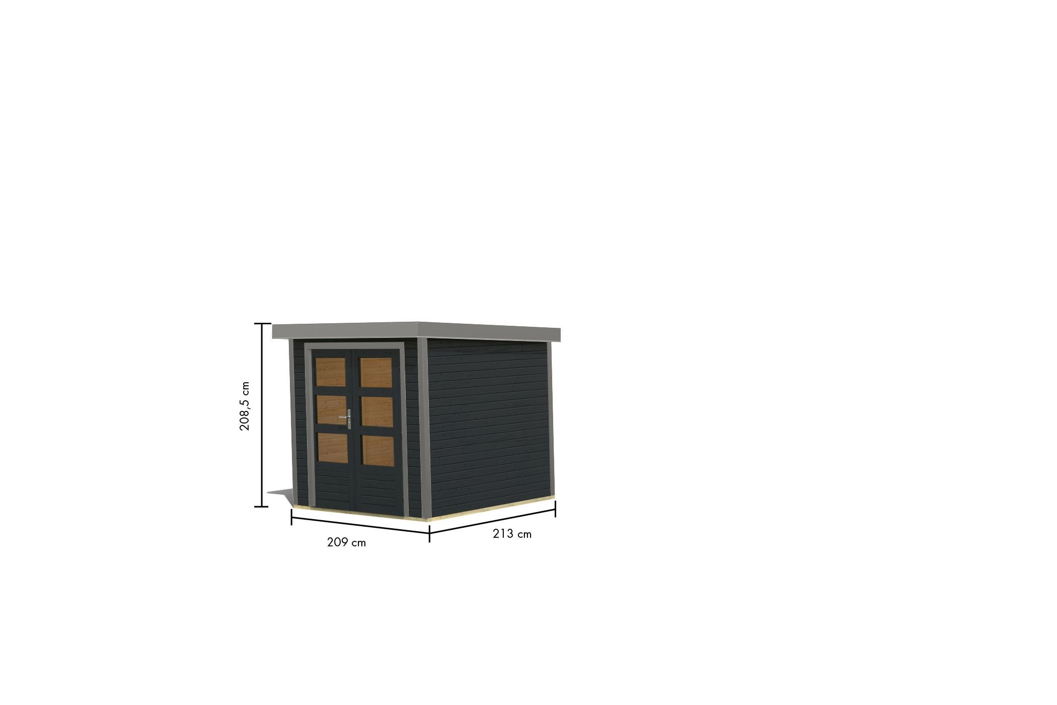 Bemaßte Maßzeichnung des Karibu Gartenhaus Holz & Metall Jupiter 2, 209 × 213 cm