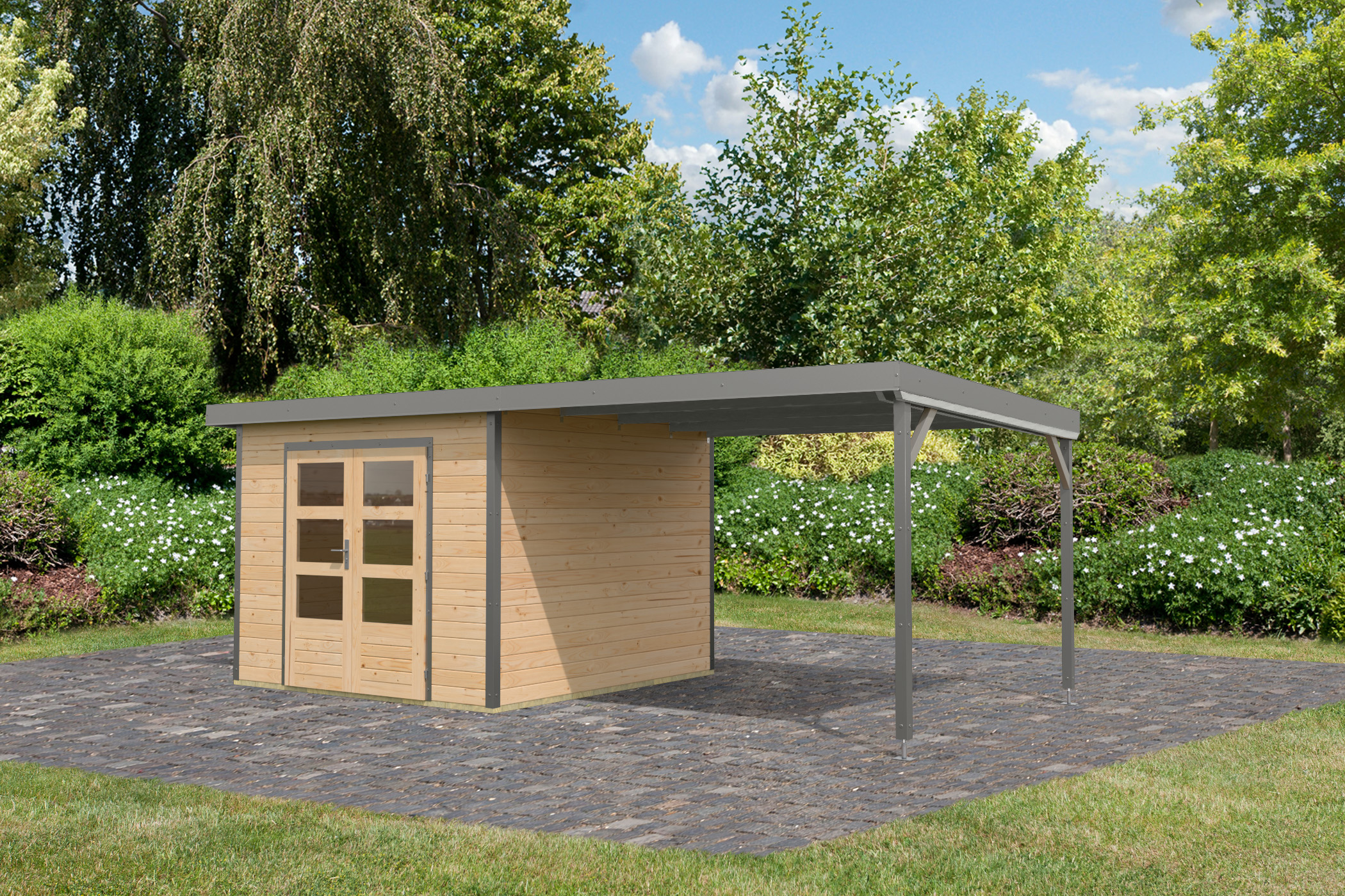 Karibu Gartenhaus Holz & Metall Pluto 6 in Naturbelassen mit Metall in Graualuminium und Anbaudach, Außenansicht