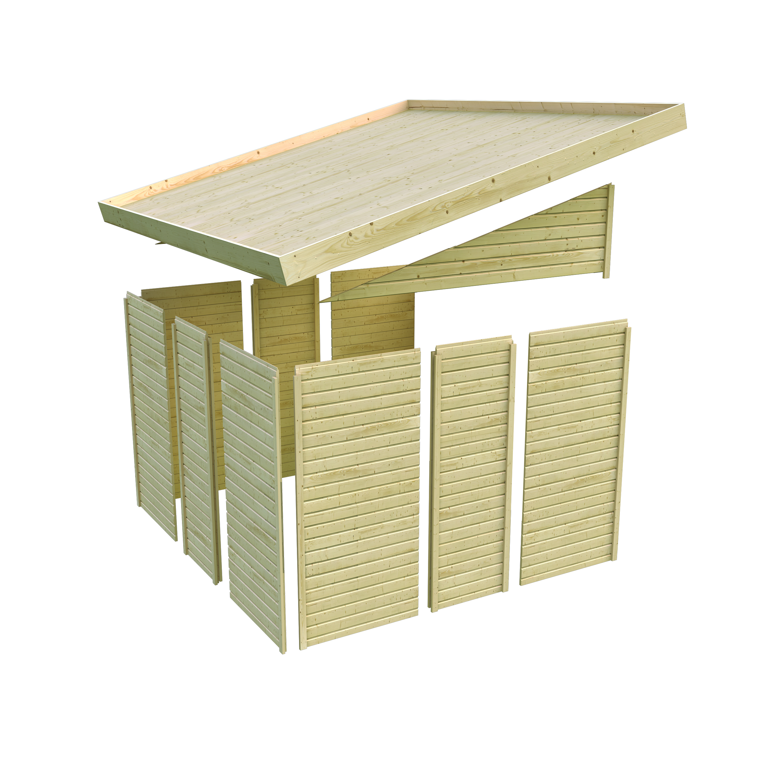 Aufbaudarstellung des Karibu Gerätehaus Görlitz mit Wandprofilen und Pultdach
