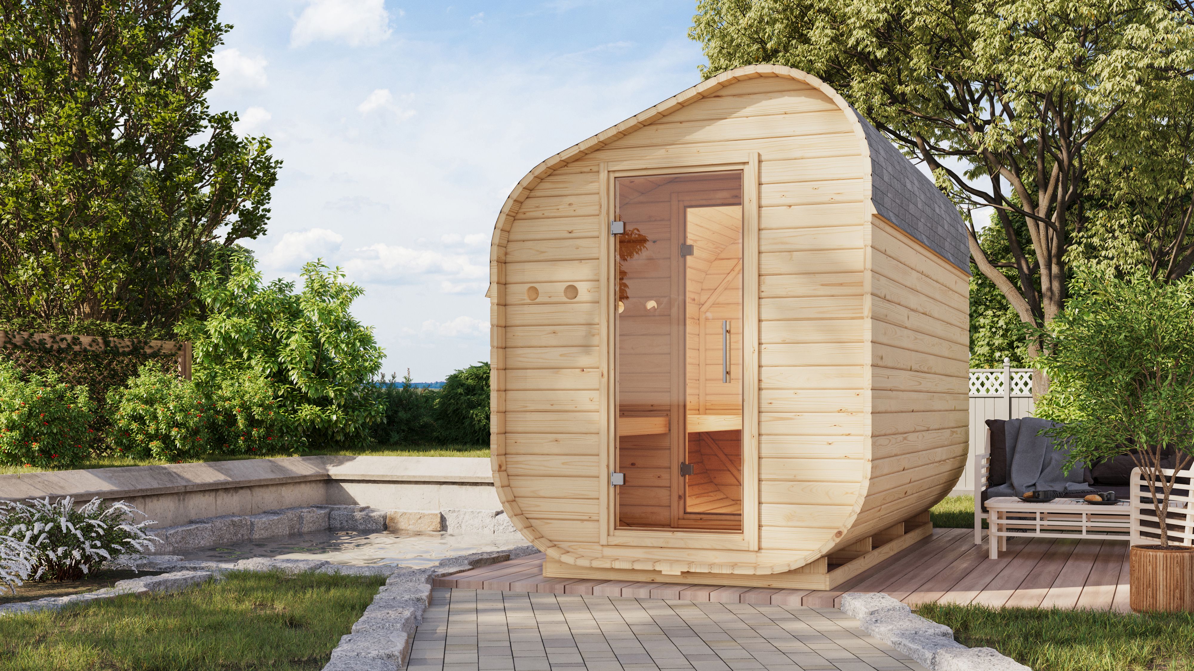 Produktbild eines Karibu Gartenprodukts aus Holz, im Garten aufgebaut