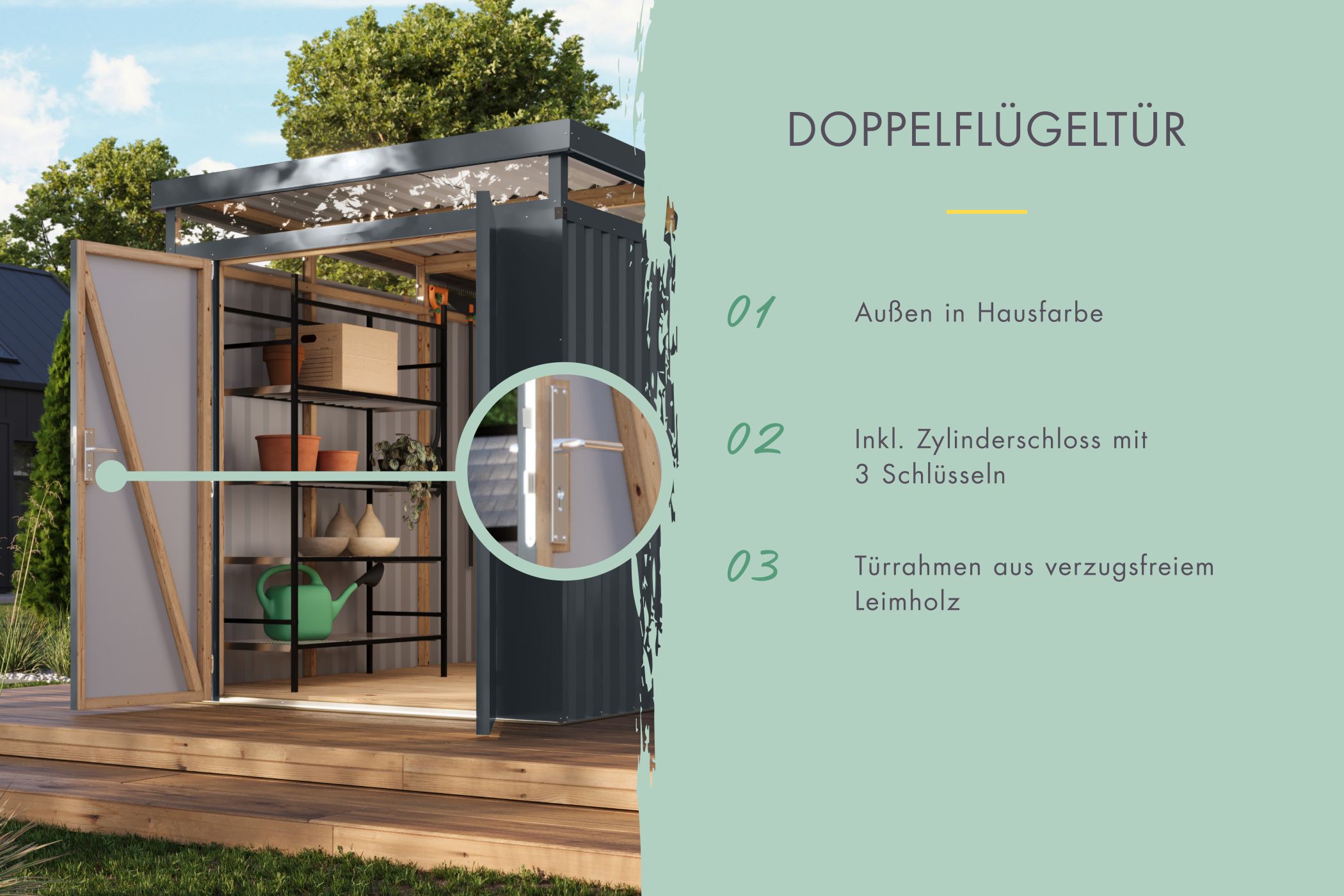Doppelflügeltür des Karibu Gerätehaus aus Metall Aurum 3 mit Zylinderschloss und Kunstglas