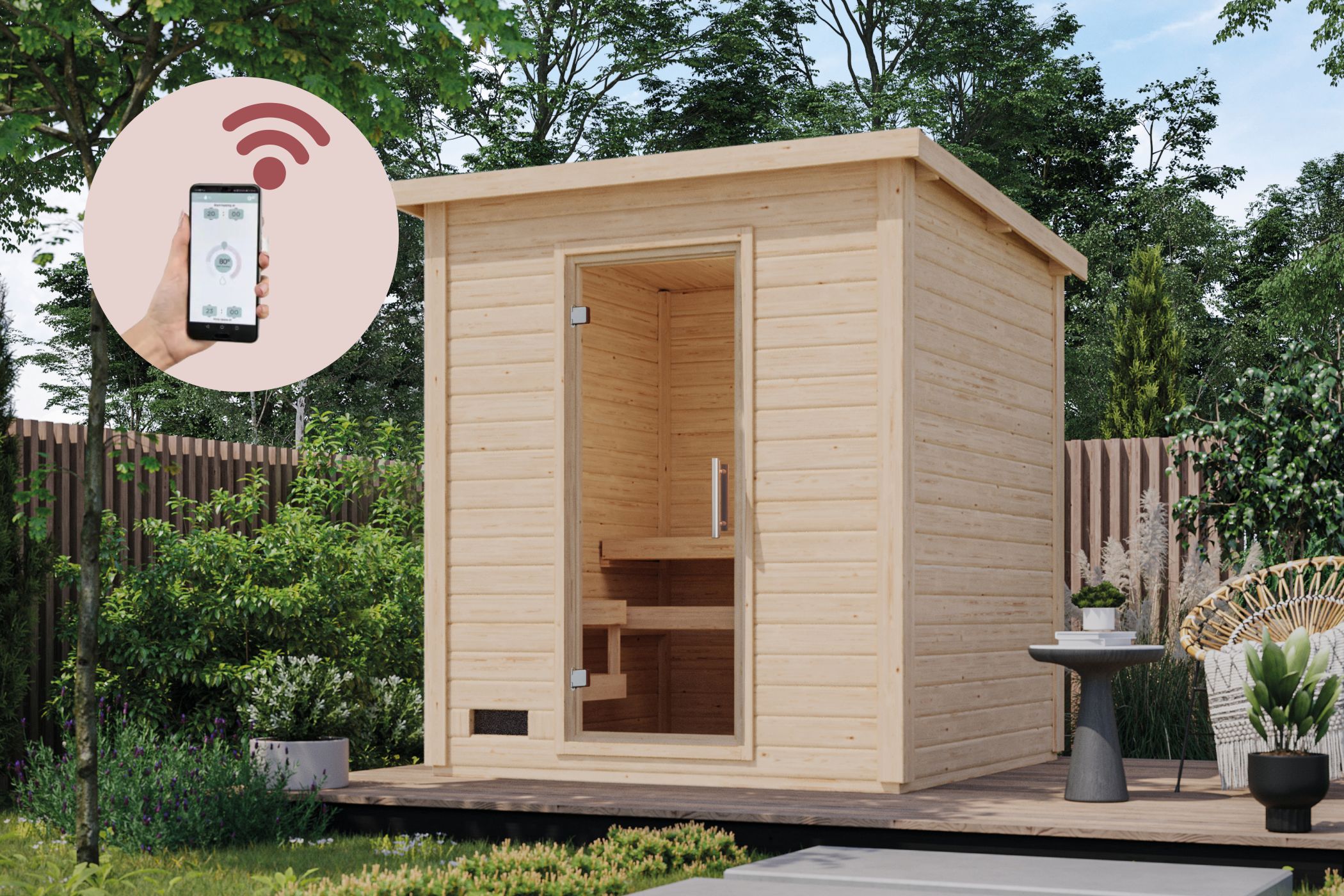 Karibu Saunahaus Hytti 2 Exclusive naturbelassen / + Ofen und HUUM WIFI Steuergerät Sparset als Gartensauna aus Massivholz