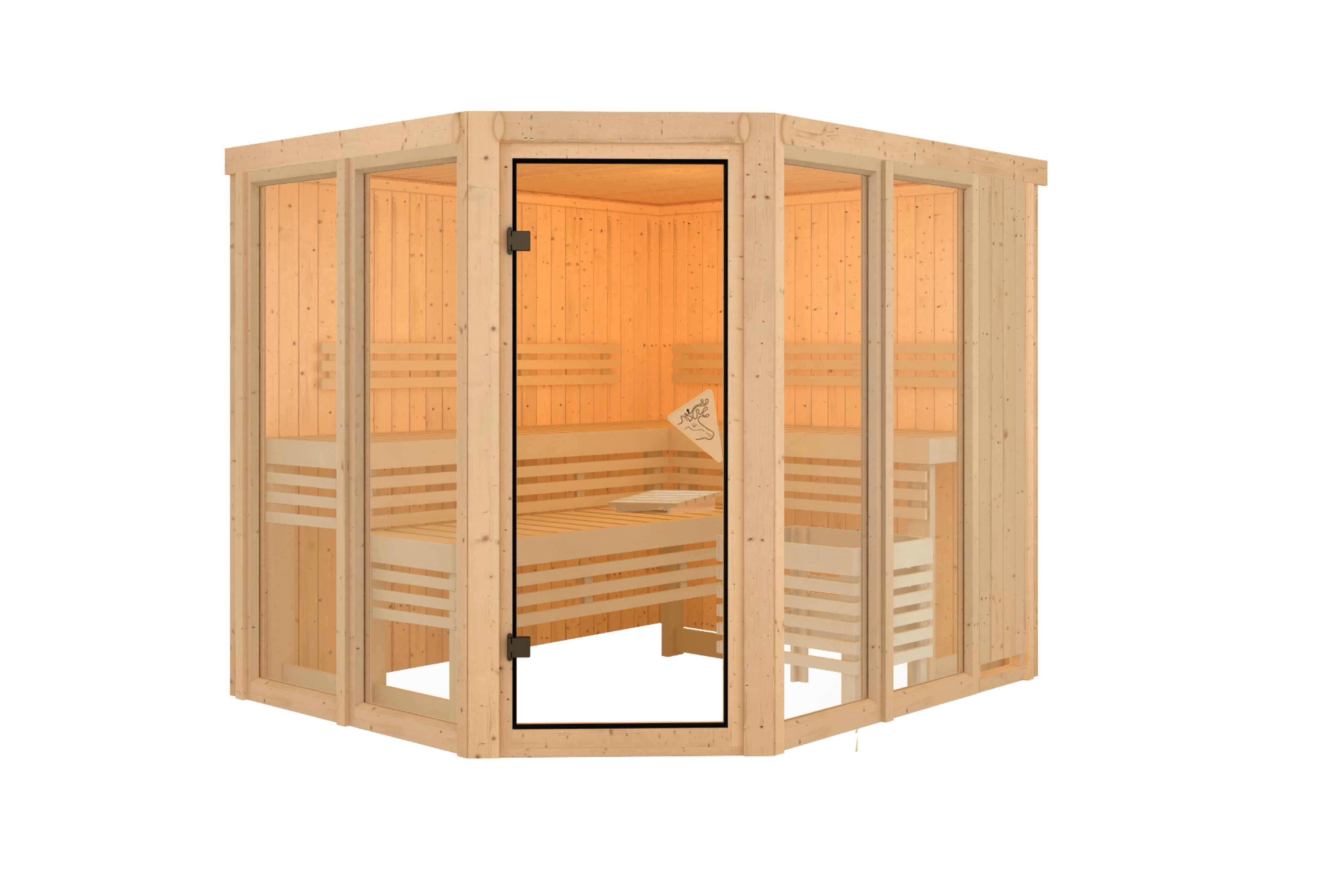 Innenansicht der Karibu Sauna Ainur mit Liegen und Kopfstütze aus hellem Espenholz