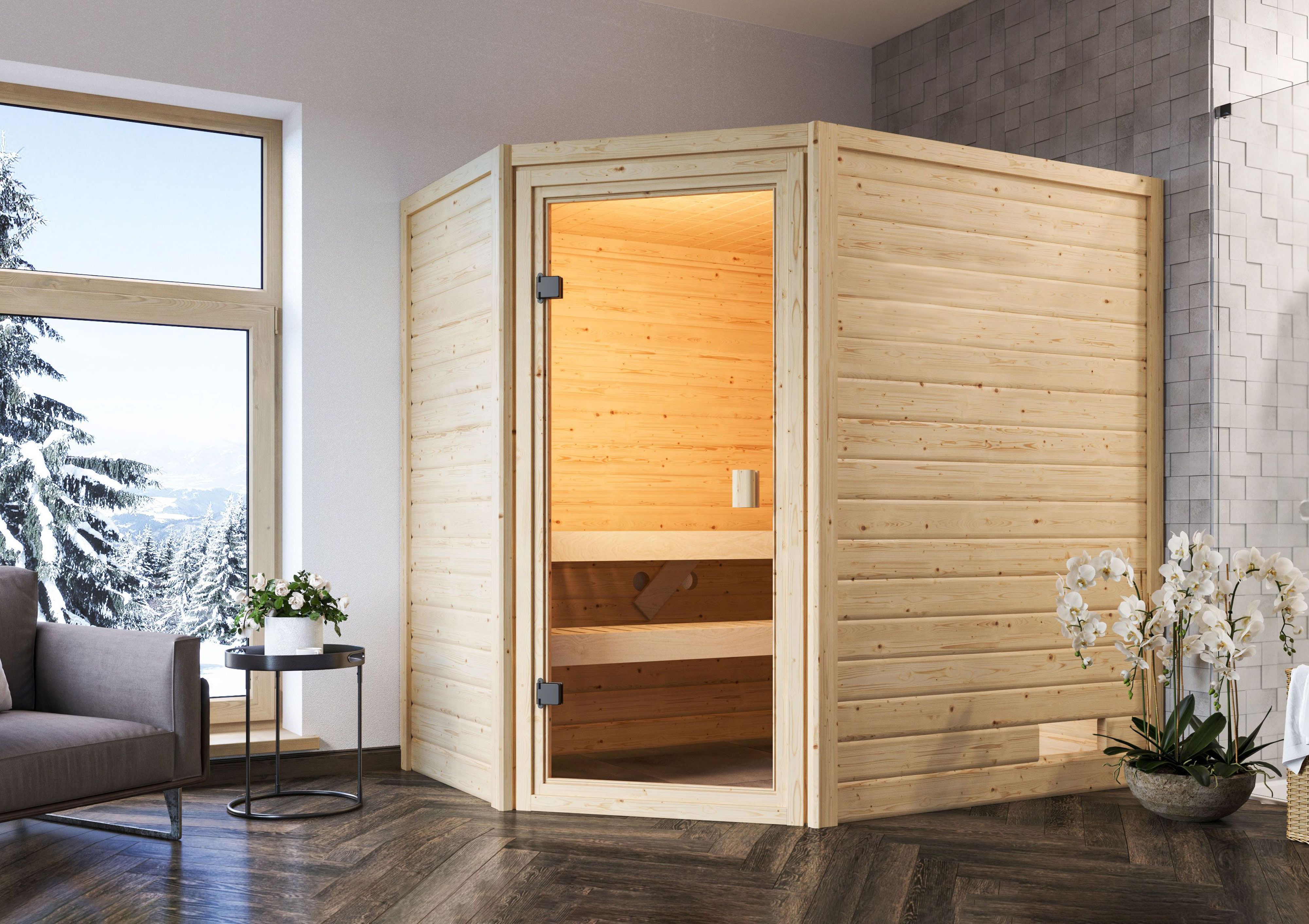 Karibu Sauna Valida 2 Eckeinstieg als hochwertige Sauna aus nordischer Fichte im Wohnraum-Ambiente