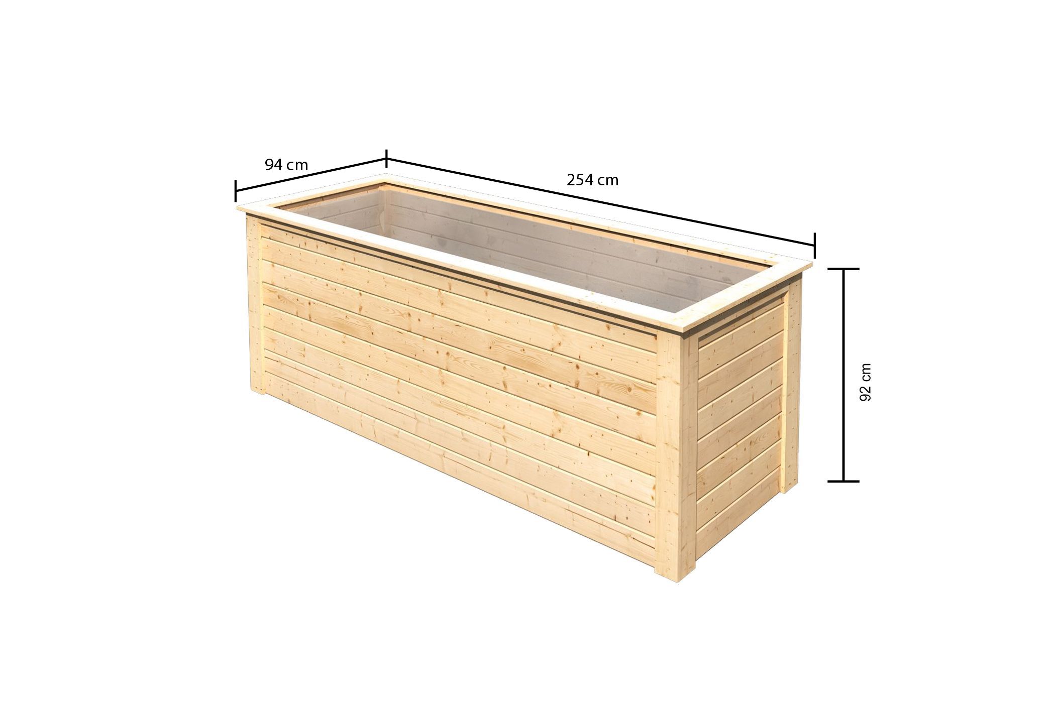 Bemaßte Maßzeichnung des Karibu 28 mm Hochbeet 2, 254 × 94 cm