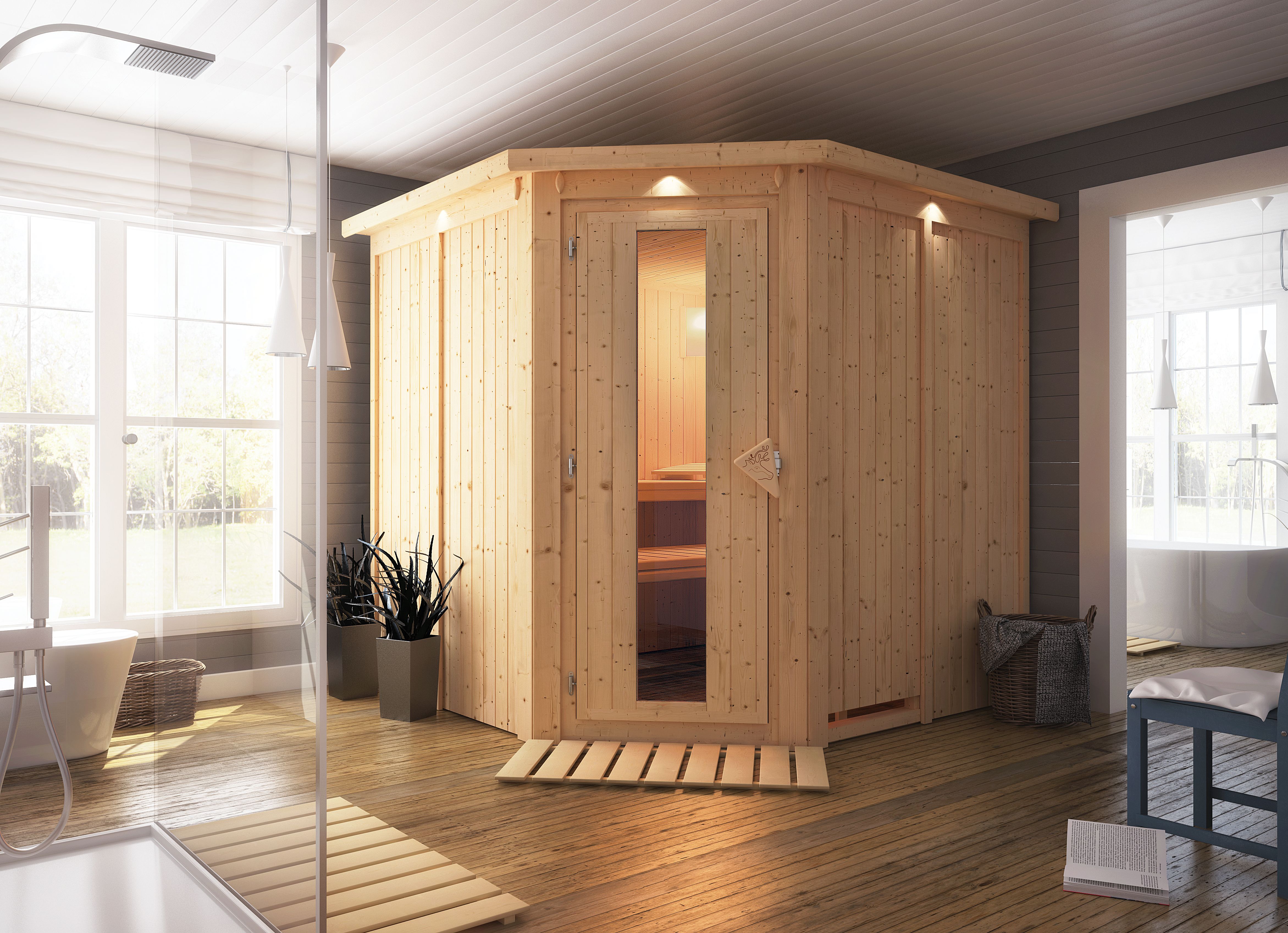 Karibu Sauna Jarin als hochwertige Sauna aus nordischer Fichte im Wohnraum-Ambiente