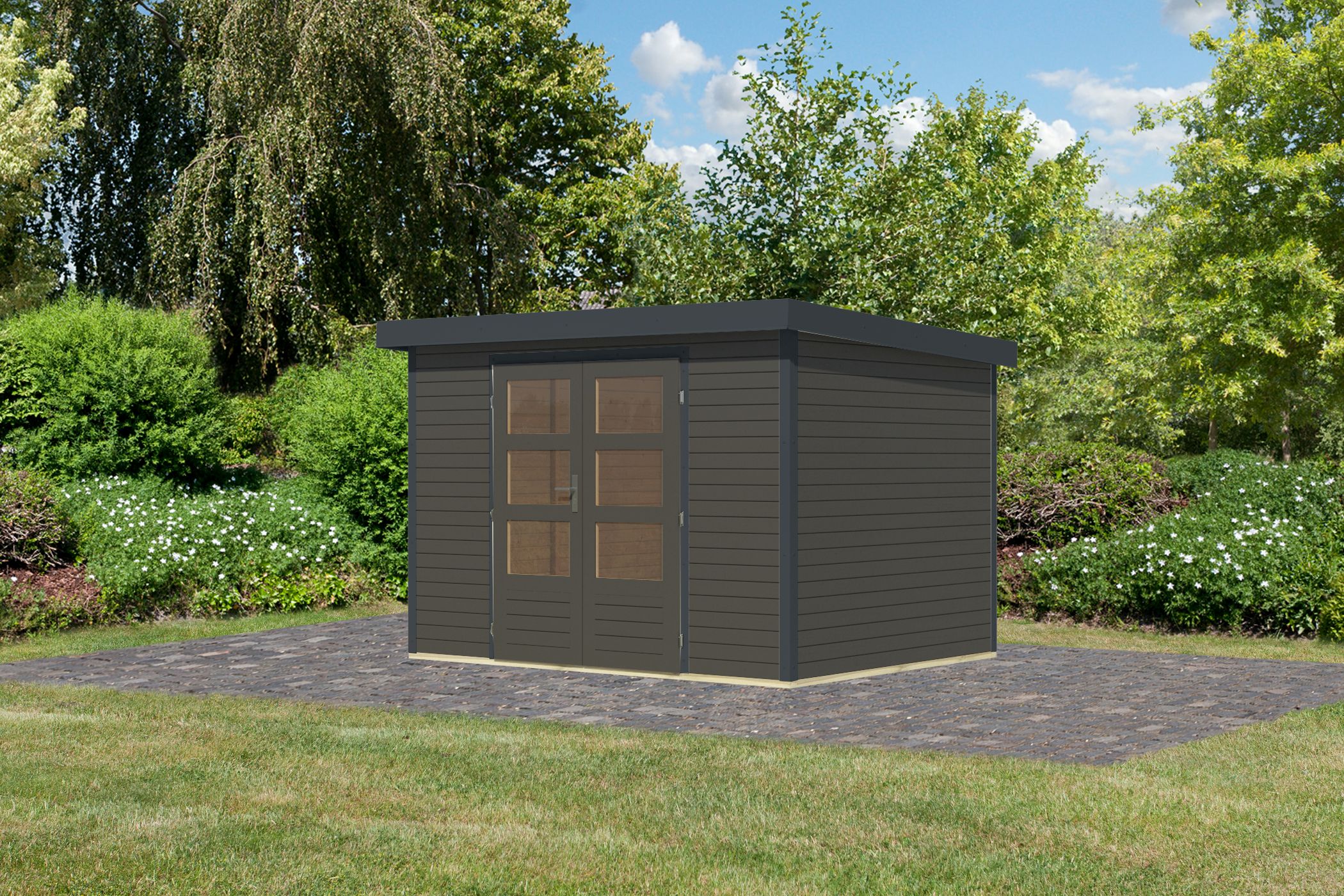 Karibu Gartenhaus Holz & Metall Jupiter 4 in Terragrau mit Metall in Anthrazit, Außenansicht