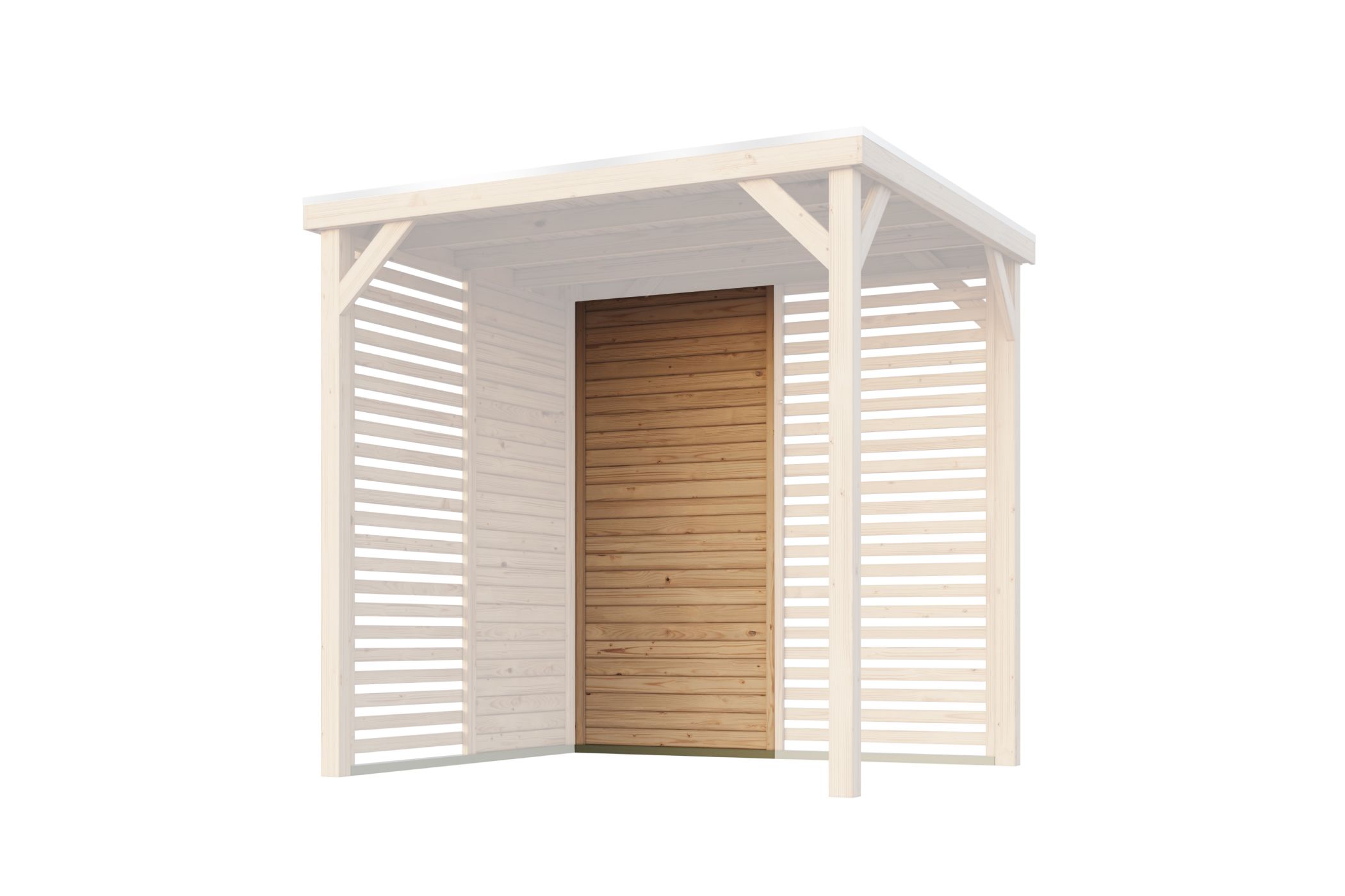 Außenansicht des Karibu Cubeco Pavillon Seitenwand geschlossen halb aus Leimholz mit Flachdach im Garten aufgebaut