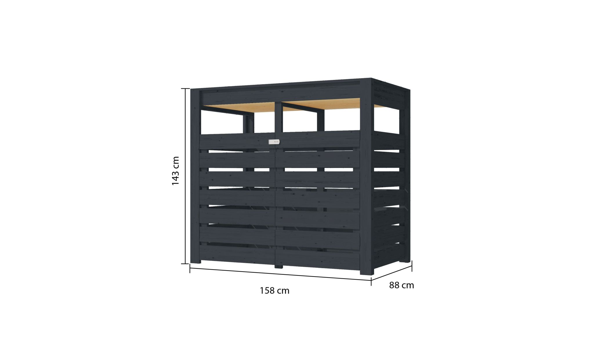 Bemaßte Maßzeichnung des Karibu Mülltonnen Unterstand Mülltonnenbox 1, 158 × 88 cm