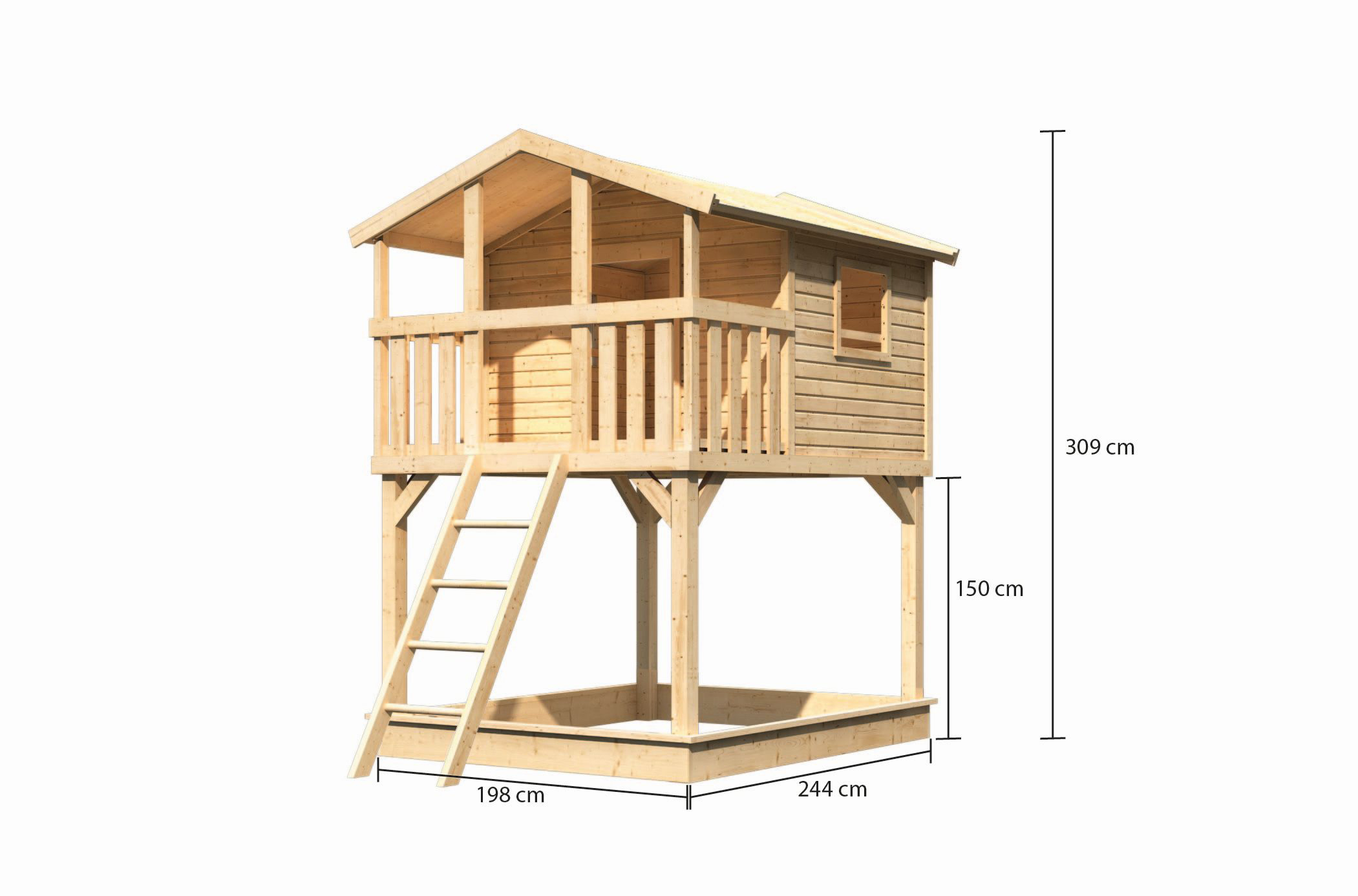 Maßzeichnung der Karibu Stelzenhaus Benjamin mit Bemaßung von Grundfläche und Höhe