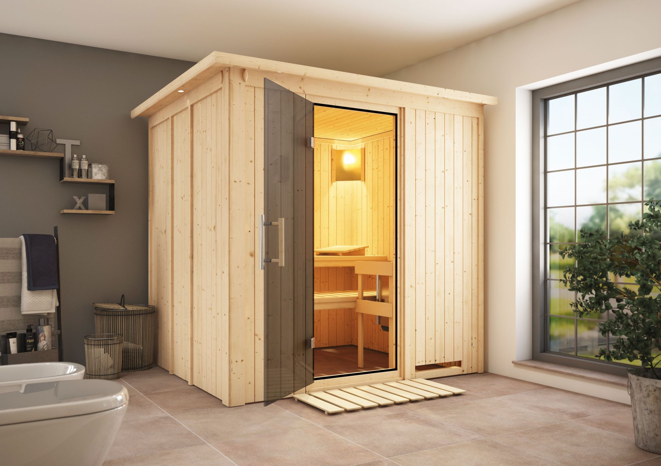 Karibu Sauna Daria als hochwertige Sauna aus nordischer Fichte im Wohnraum-Ambiente
