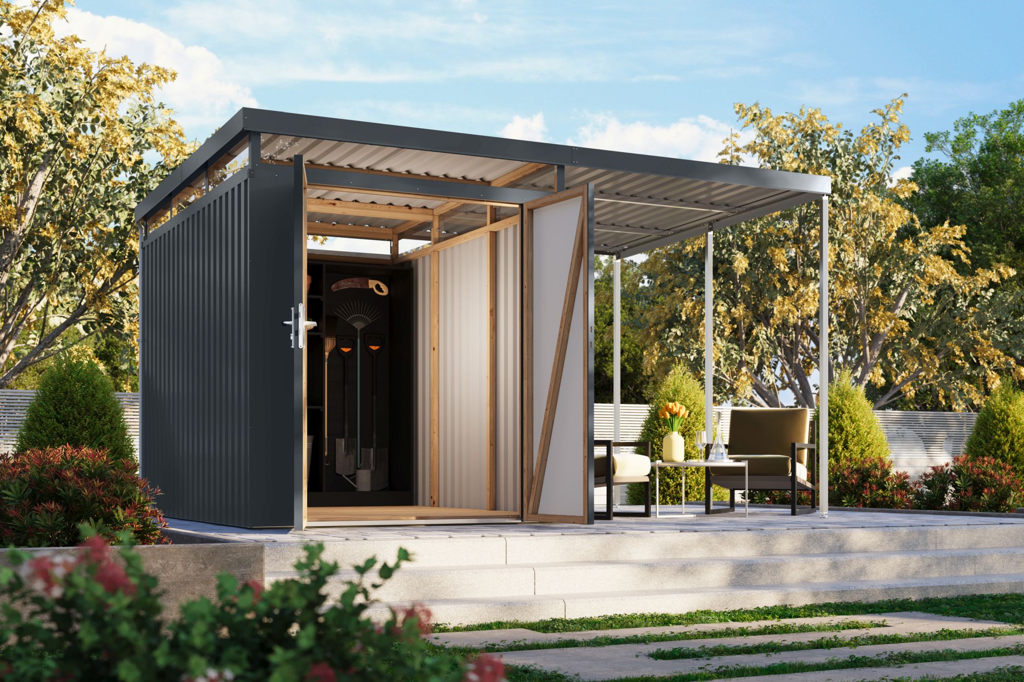 Karibu Gerätehaus aus Metall Aurum 2,5 in Anthrazit im Garten