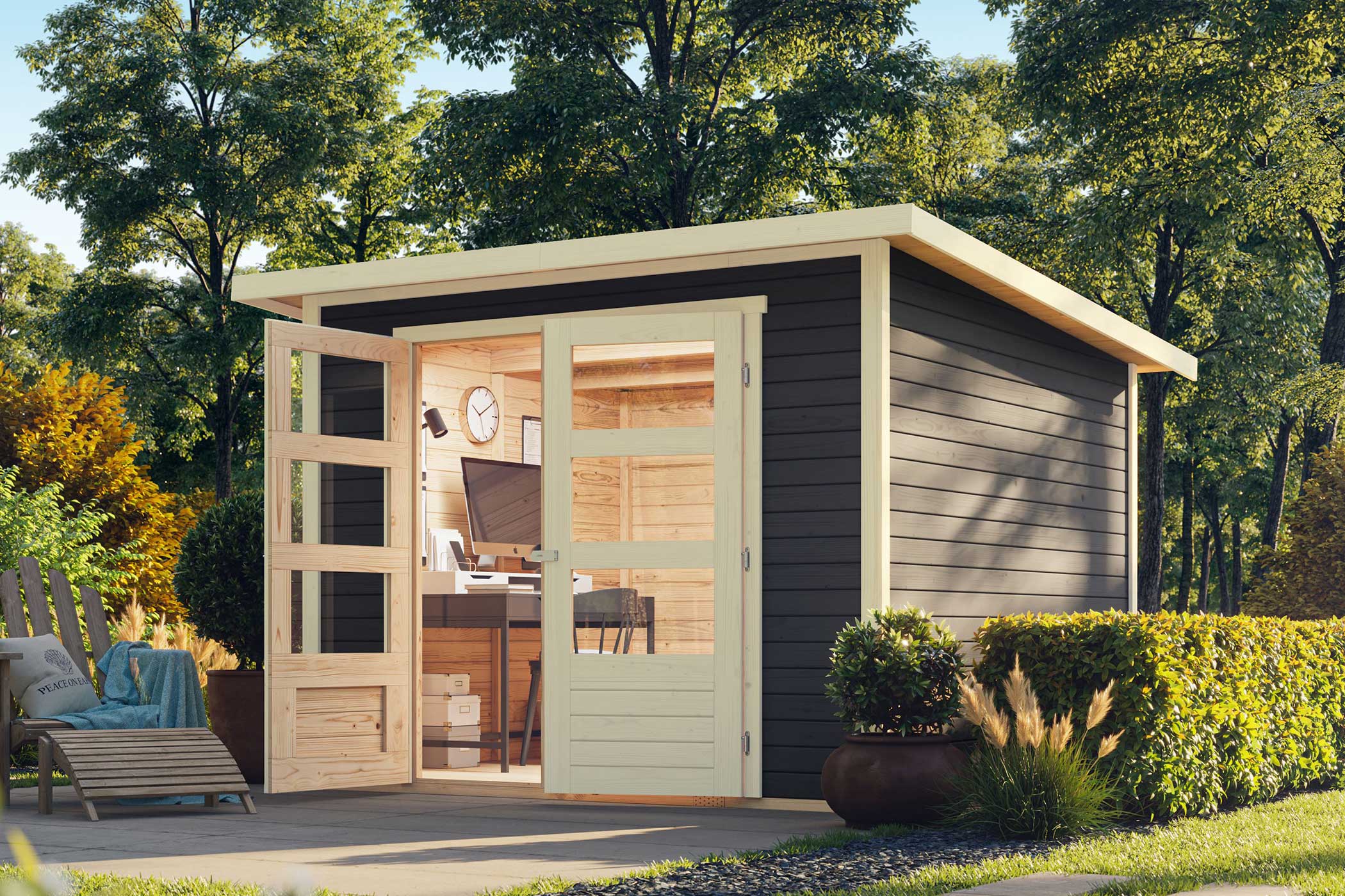 Karibu Gerätehaus Stockach 4 in Terragrau im Garten
