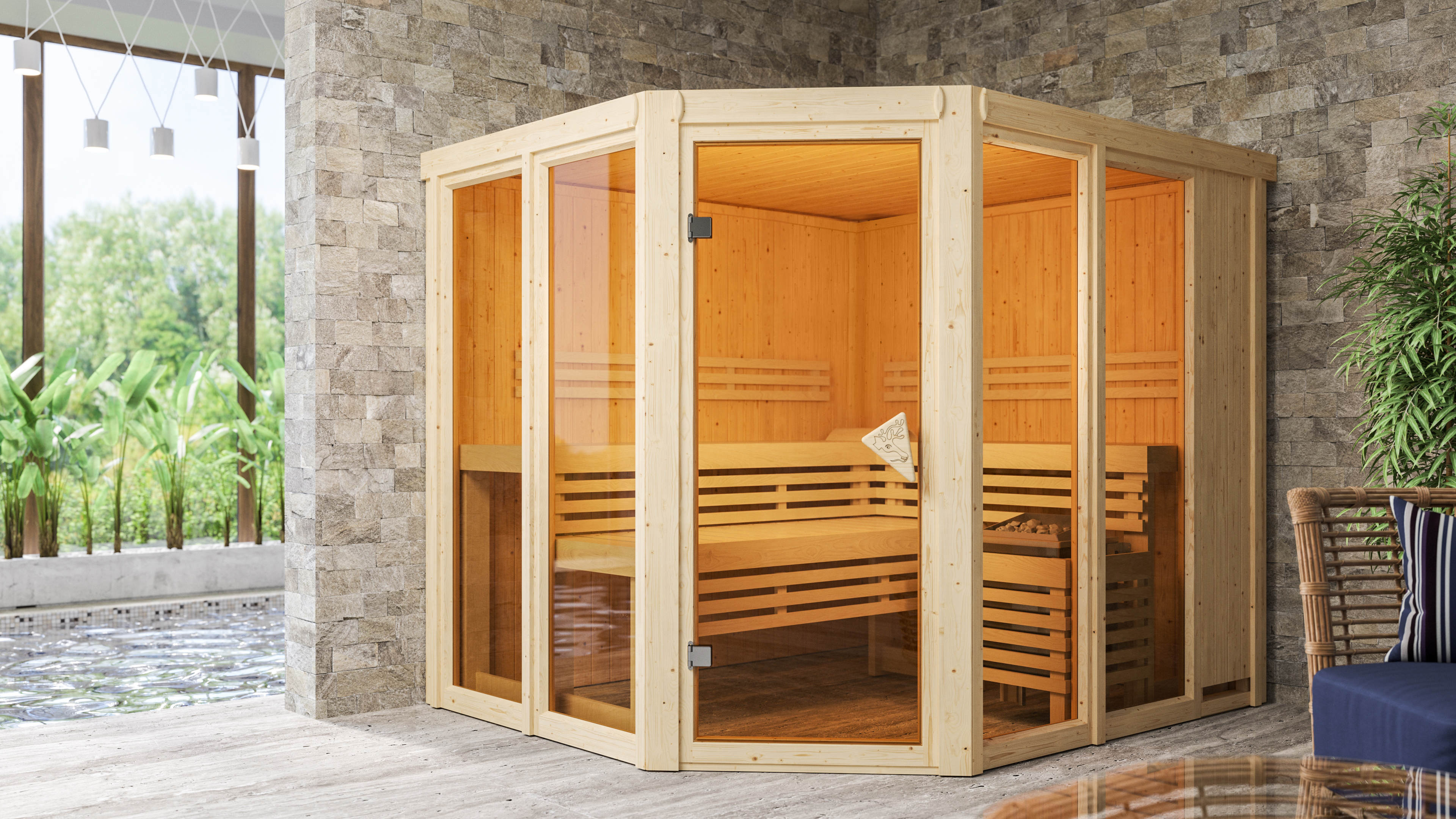 Detailansicht einer Karibu Sauna aus nordischer Fichte