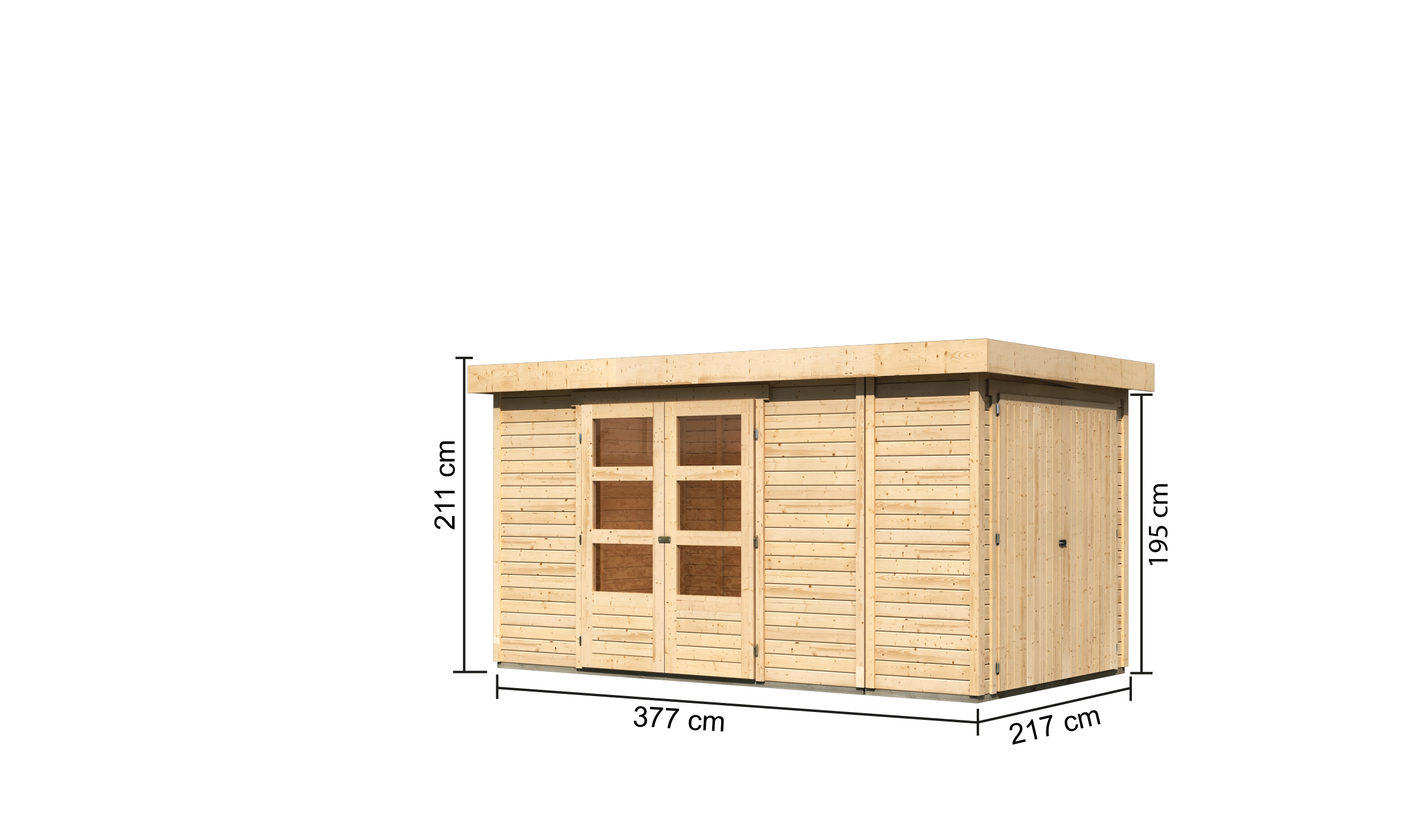 Bemaßte Maßzeichnung des Karibu großes Gerätehaus Retola 5, 377 × 217 cm