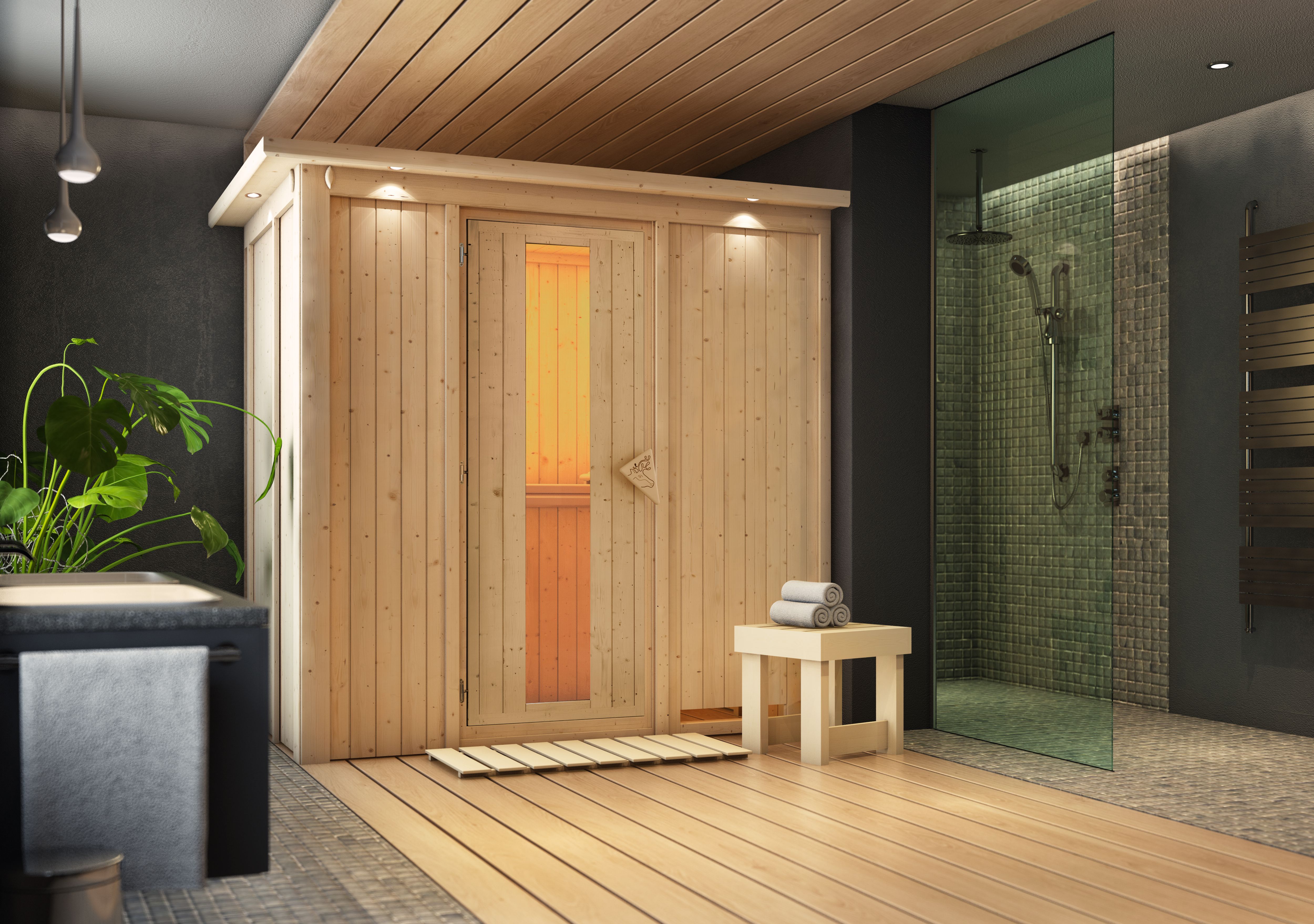 Karibu Sauna Variado als stimmungsvoller Wellnessbereich in einem modern eingerichteten Wohnraum