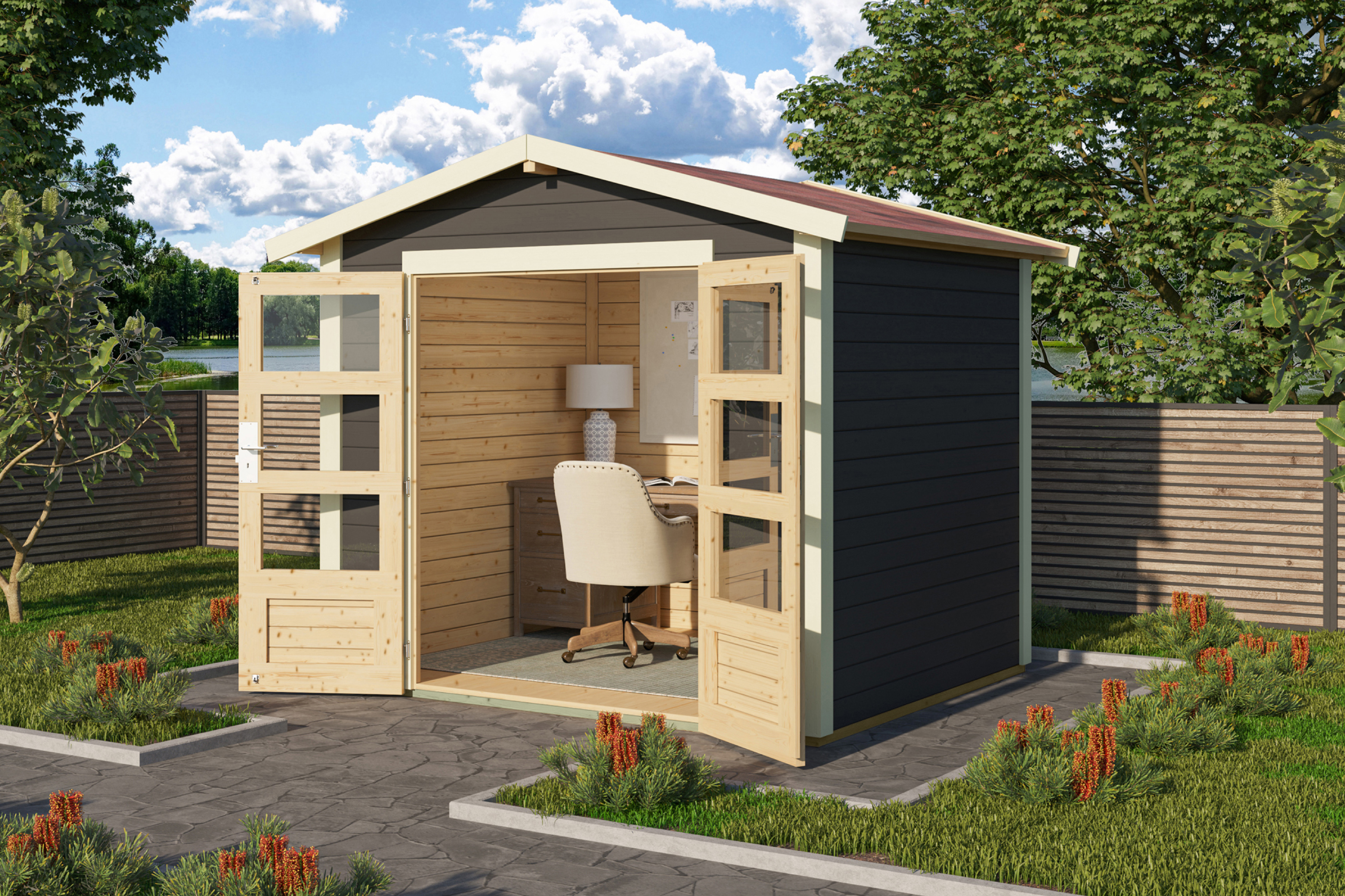 Karibu Gartenhaus Talkau 3 in Terragrau im Garten