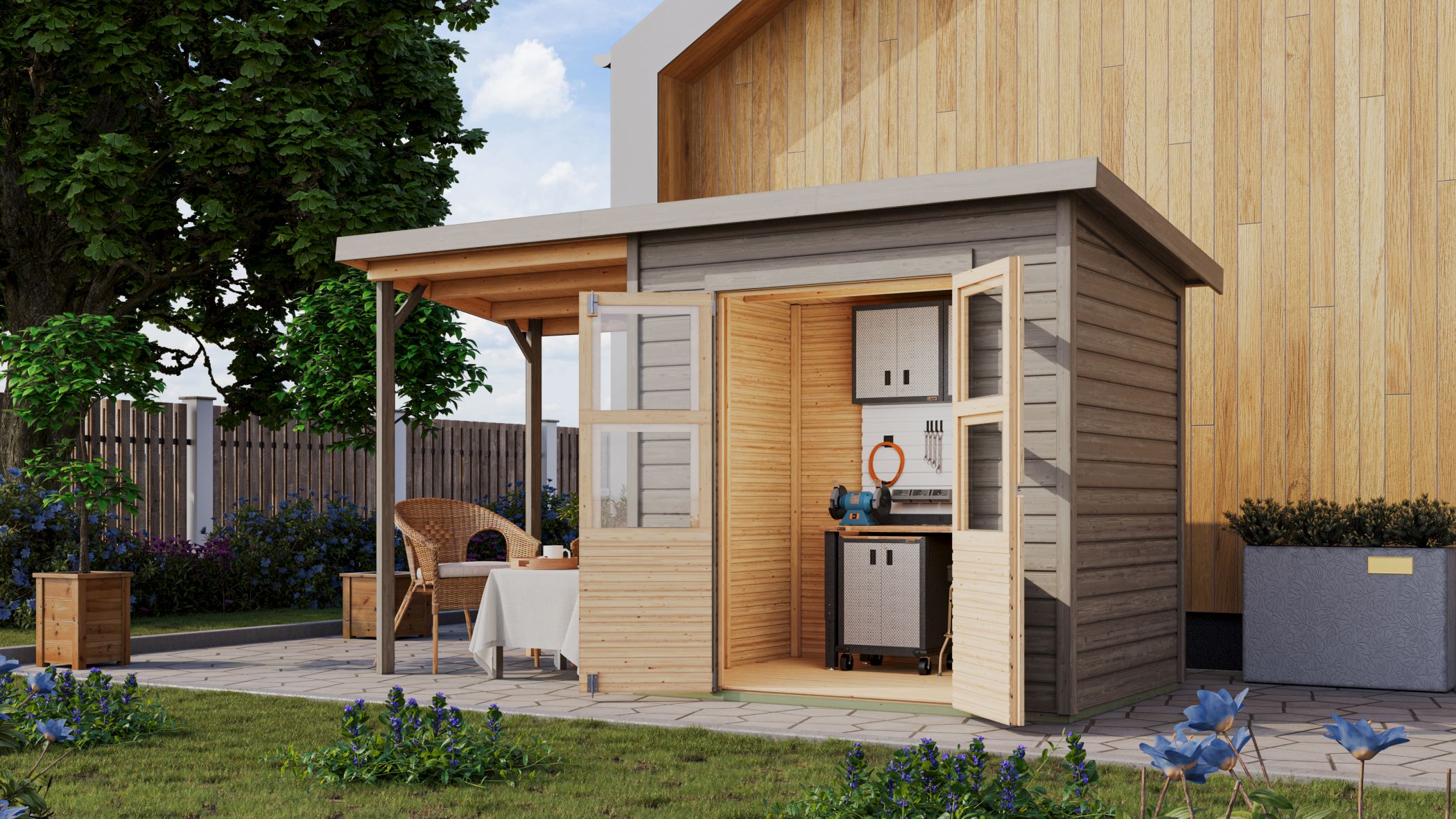 Karibu Gerätehaus Merseburg 3 in Vorvergraut und Anbaudach im Garten