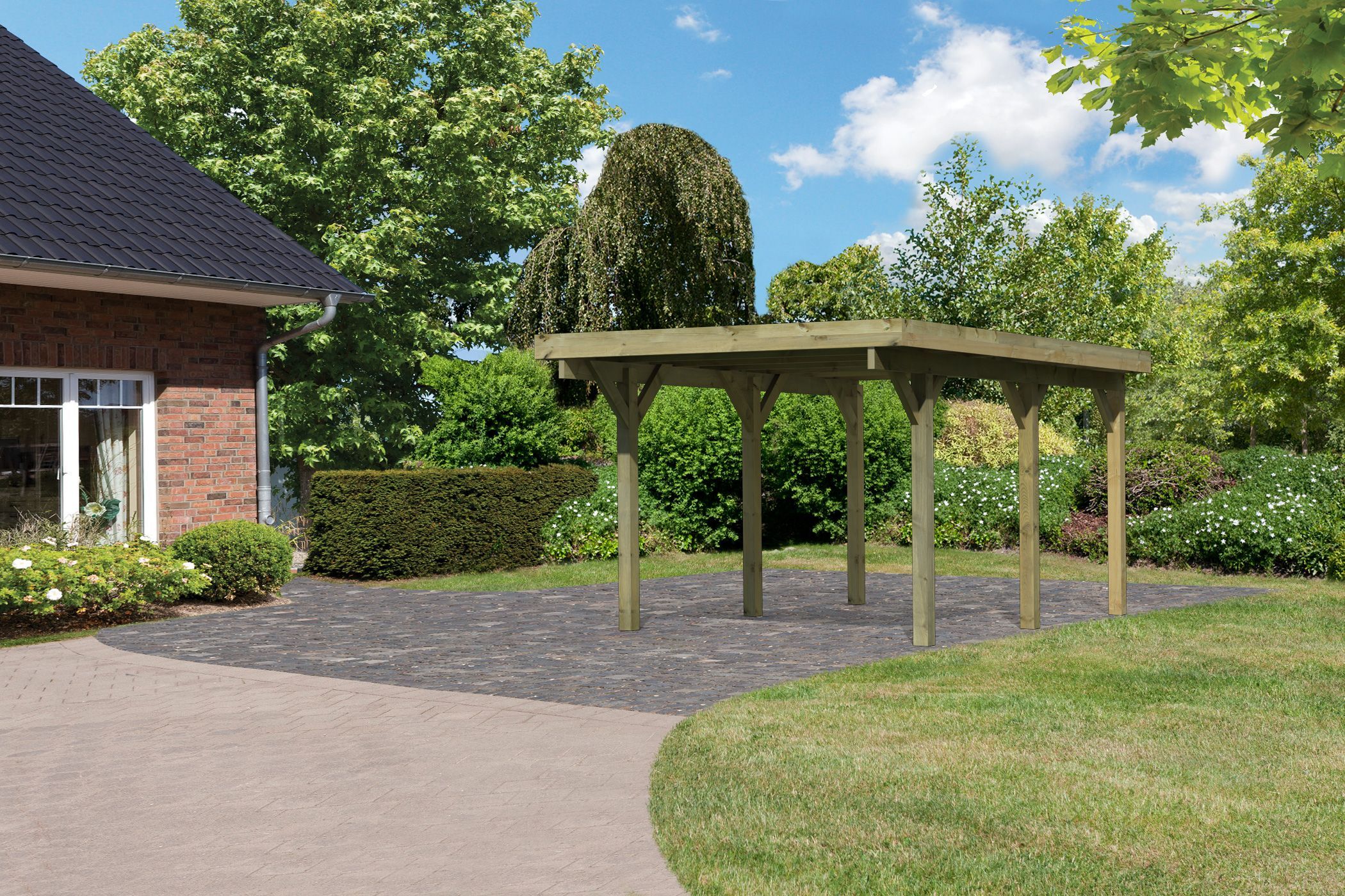 Außenansicht des Karibu Einzelcarport Classic 1 aus KDI-Massivholz mit Flachdach im Garten aufgebaut