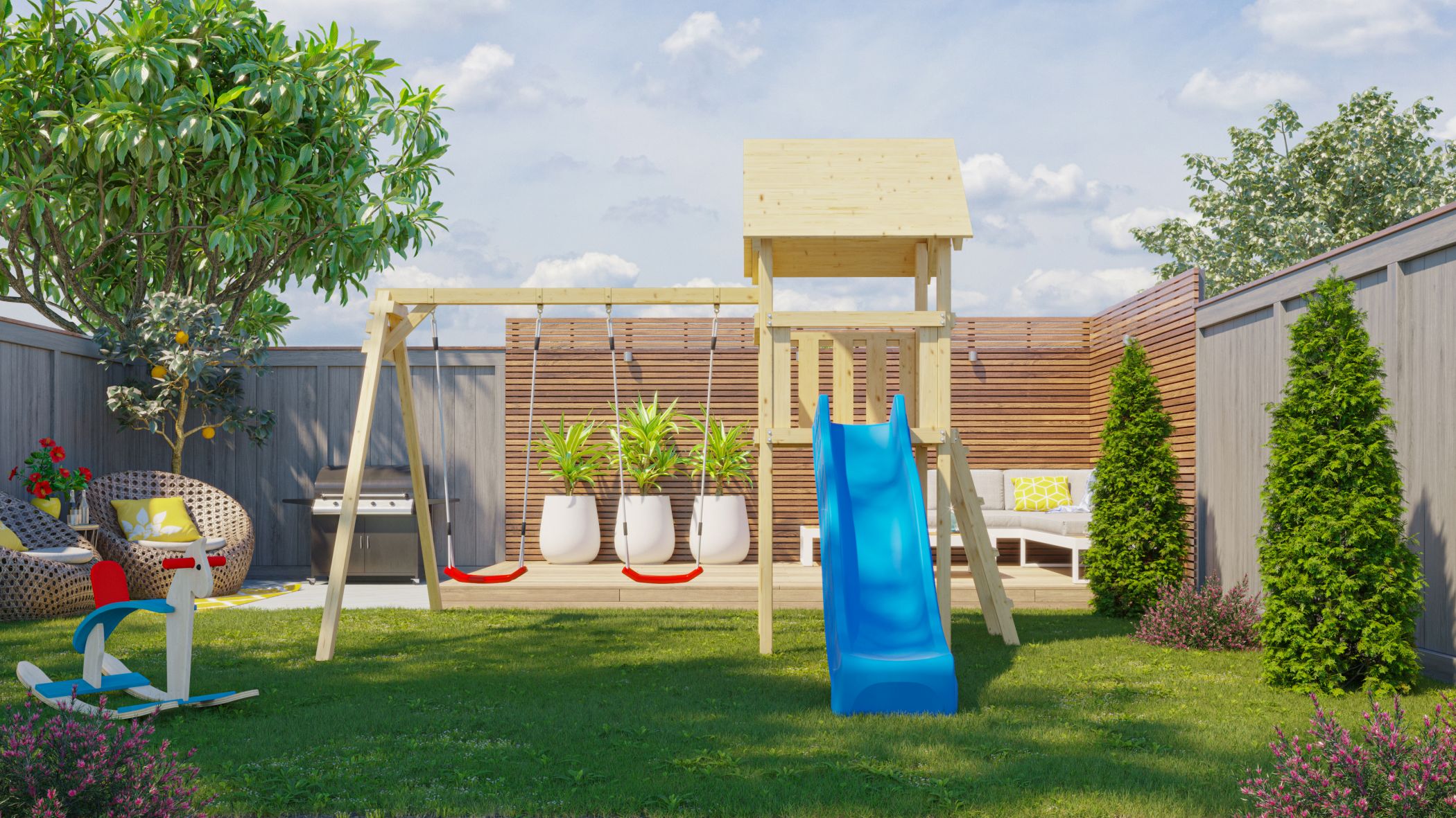 AKUBI Spielturm Lotti als komplette Spielanlage mit Wellenrutsche und Schaukel im Garten