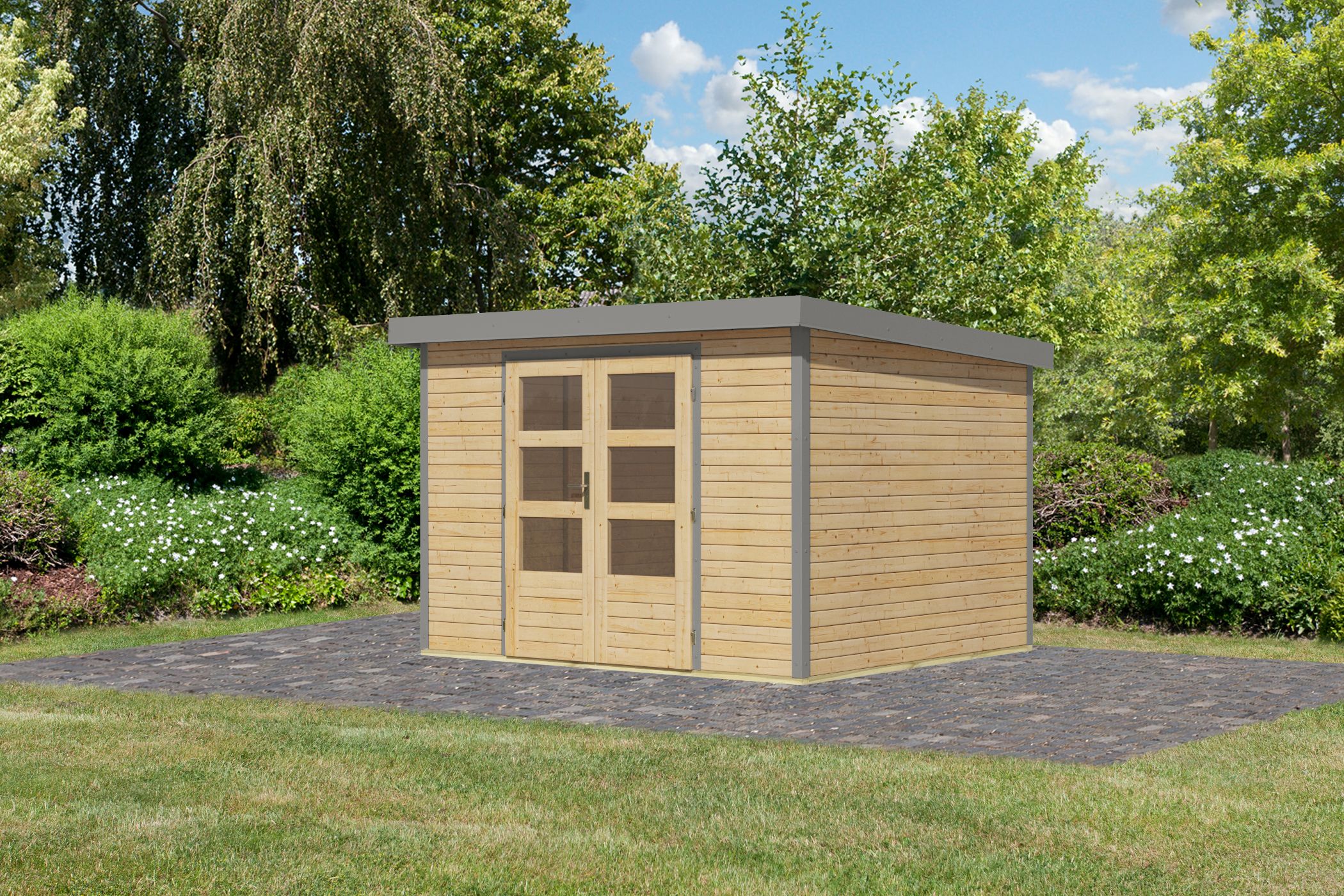 Karibu Gartenhaus Holz & Metall Jupiter 5 in Naturbelassen mit Metall in Graualuminium, Außenansicht