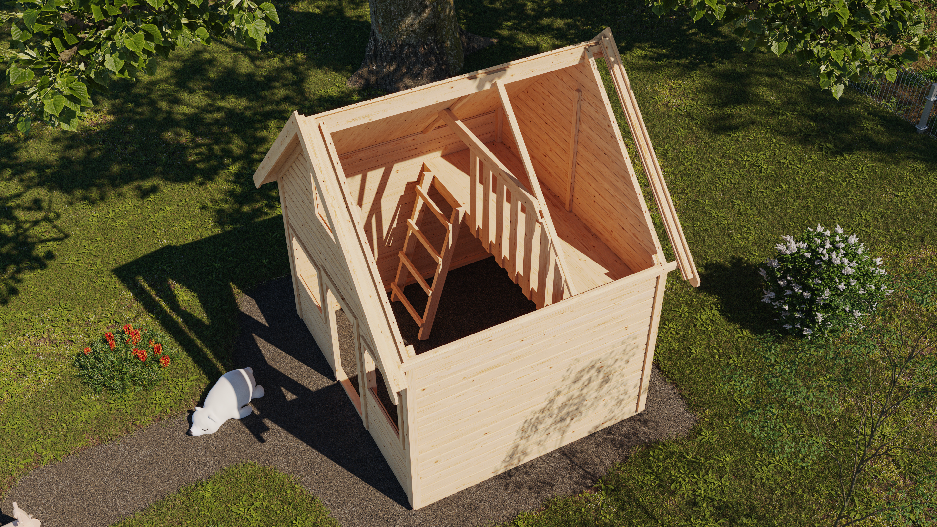 Karibu Spielhaus Kalle aus Holz, im Garten aufgebaut