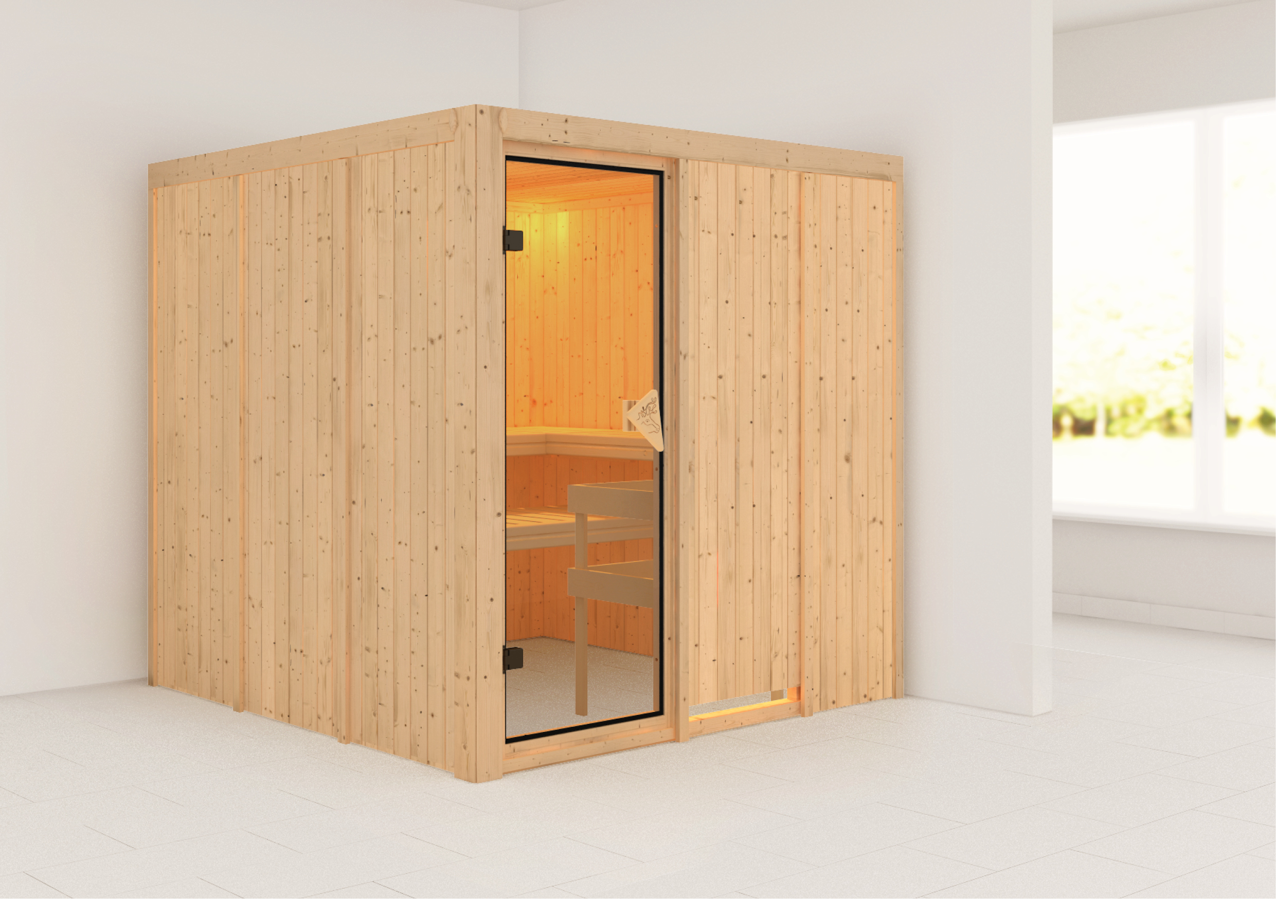 Außenansicht der Karibu Sauna Rodin aus nordischer Fichte mit bronzierter Ganzglastür und Fronteinstieg