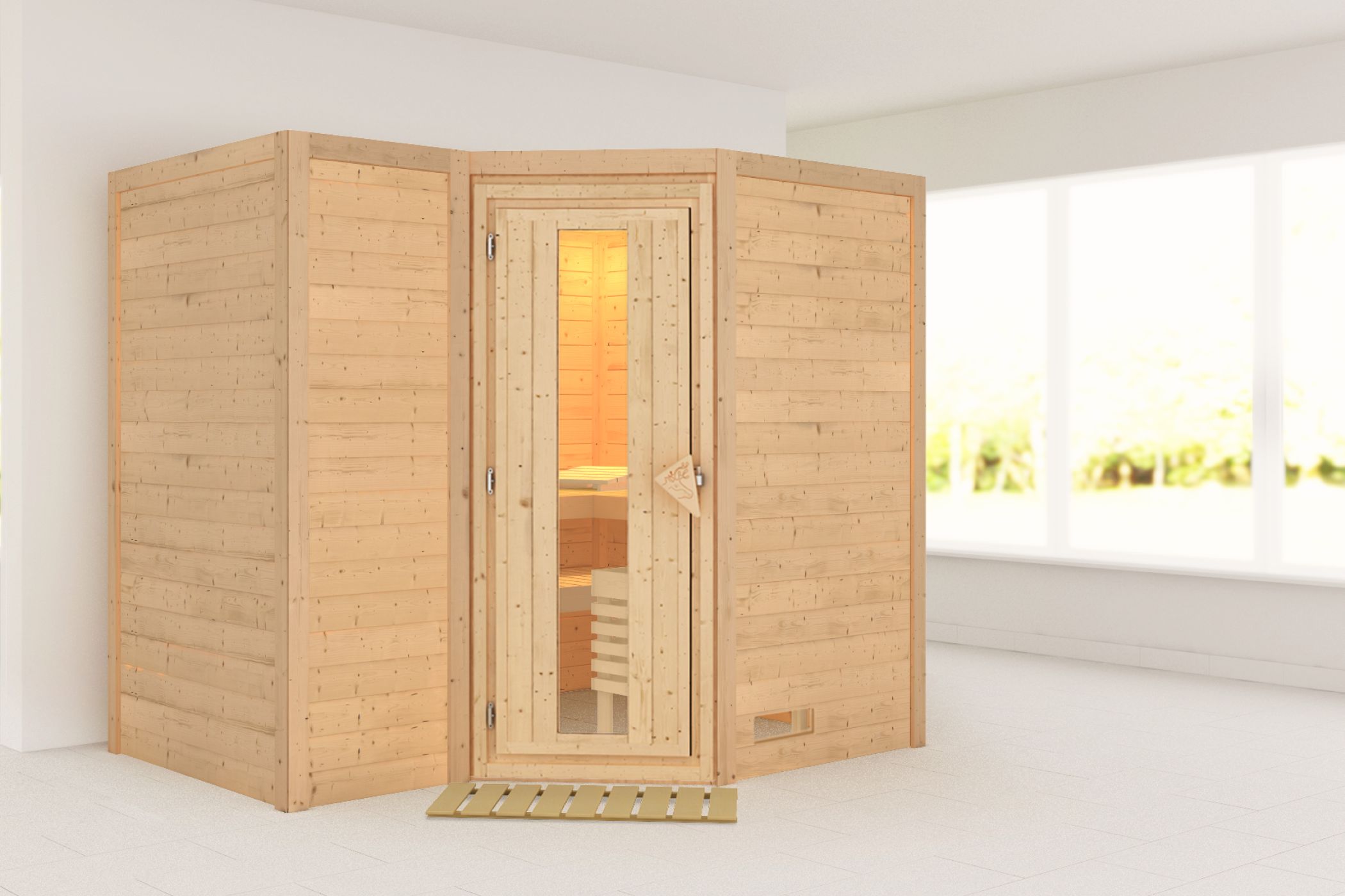 Außenansicht der Karibu Sauna Sahib 2 aus nordischer Fichte mit isolierter Holztür und Fronteinstieg