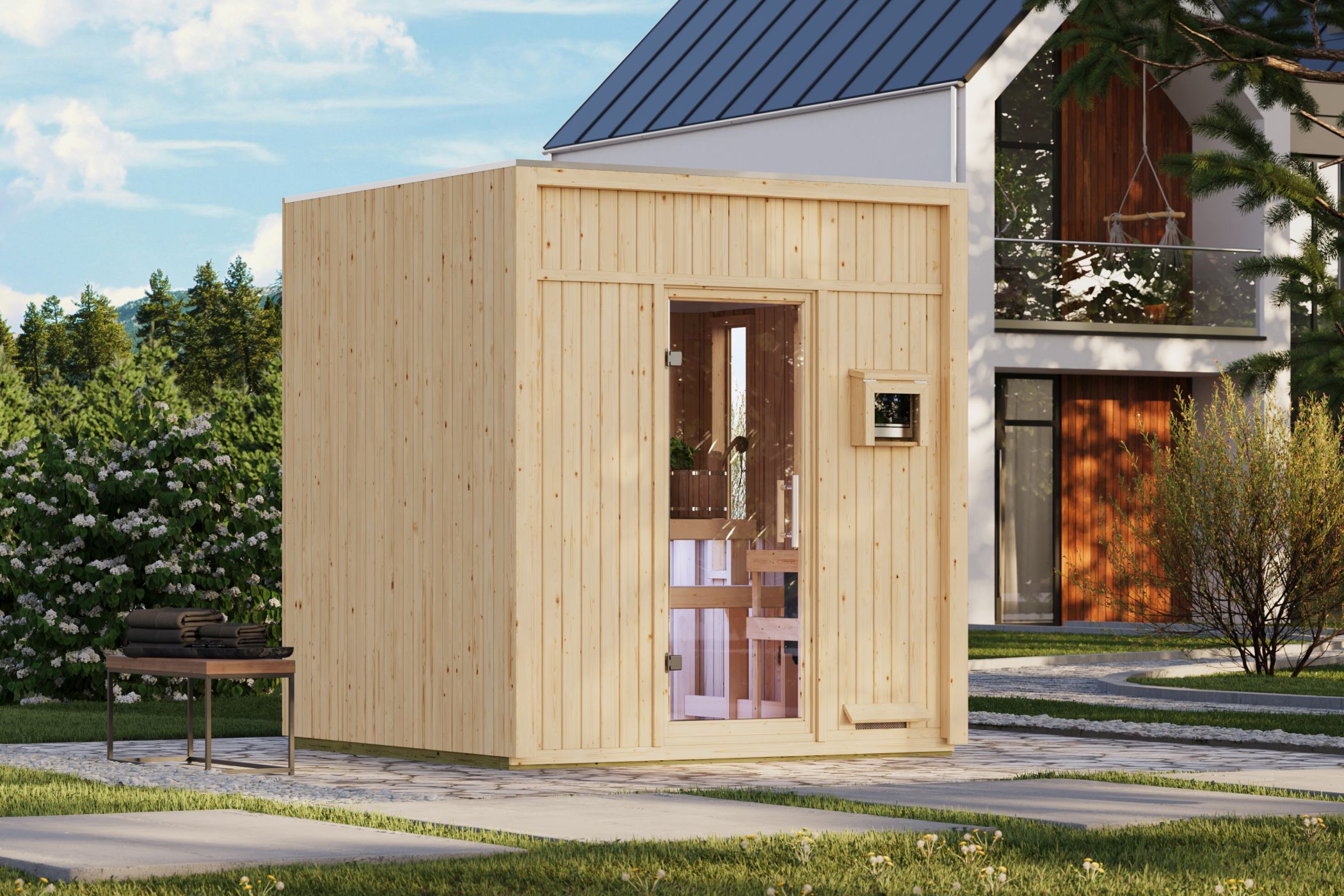 Karibu Saunahaus Avenal als Gartensauna aus Massivholz im Garten mit Glasfront