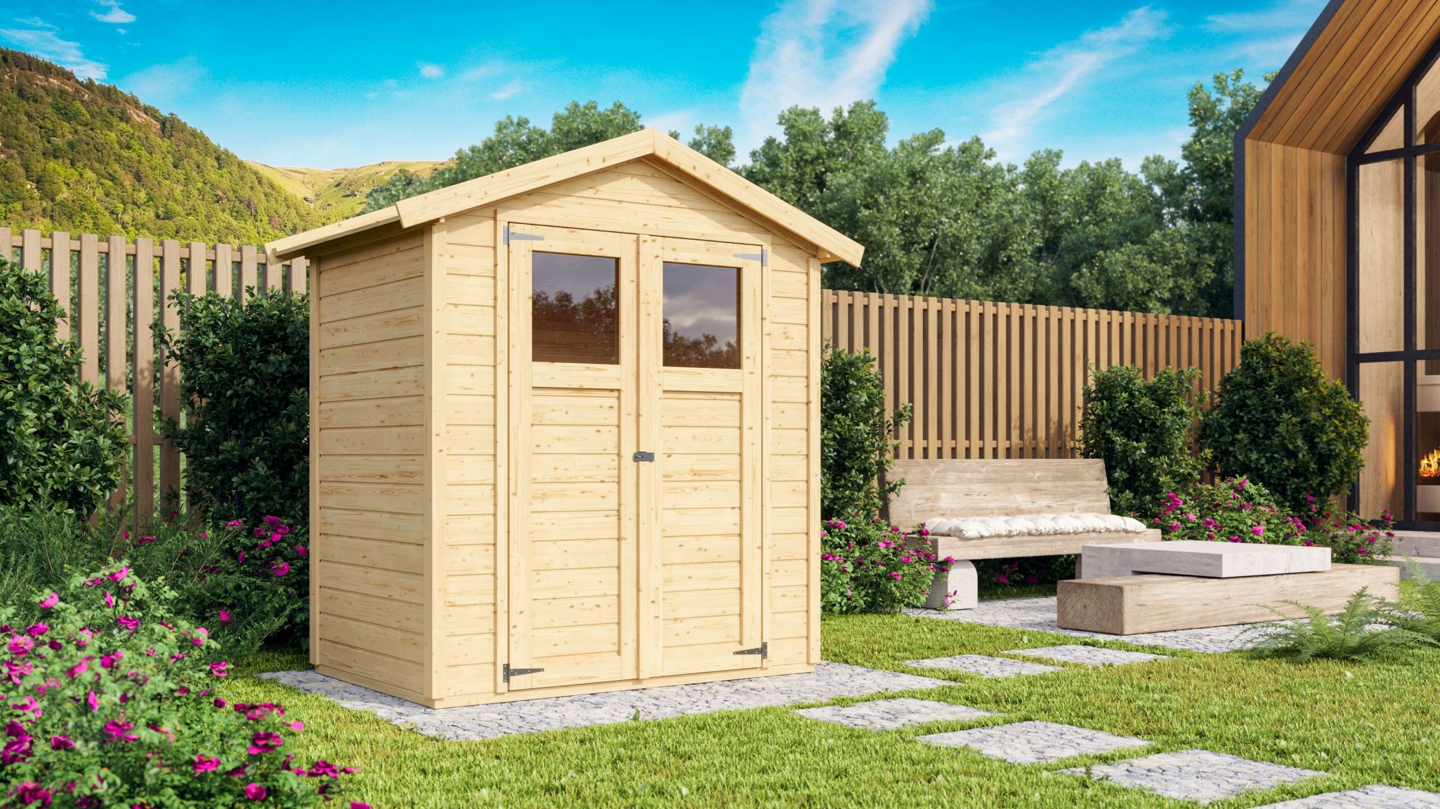 Karibu kleines Gerätehaus Dahme 1 aus Holz, im Garten aufgebaut