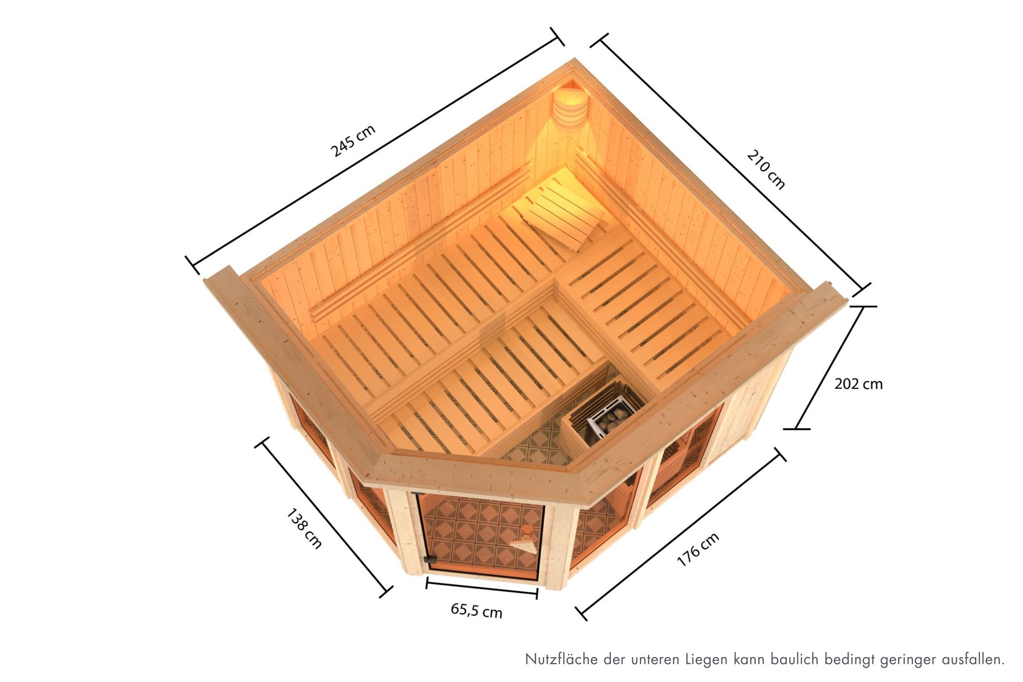 Maßzeichnung der Karibu Sauna Ainur mit Außenmaß 245 × 210 cm und Höhe 202 cm