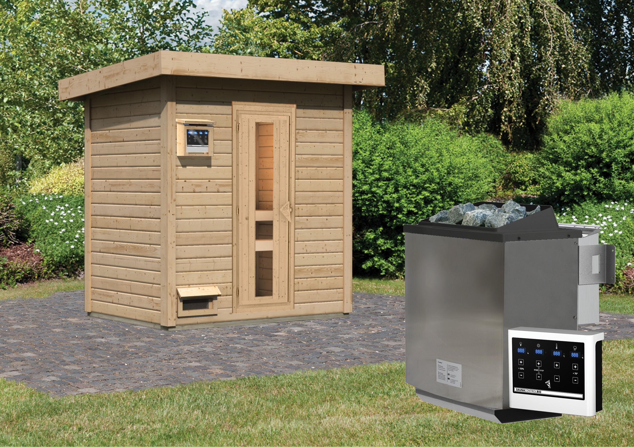 Karibu Saunahaus Hytti 1 als Gartensauna aus Massivholz im Garten mit Glasfront