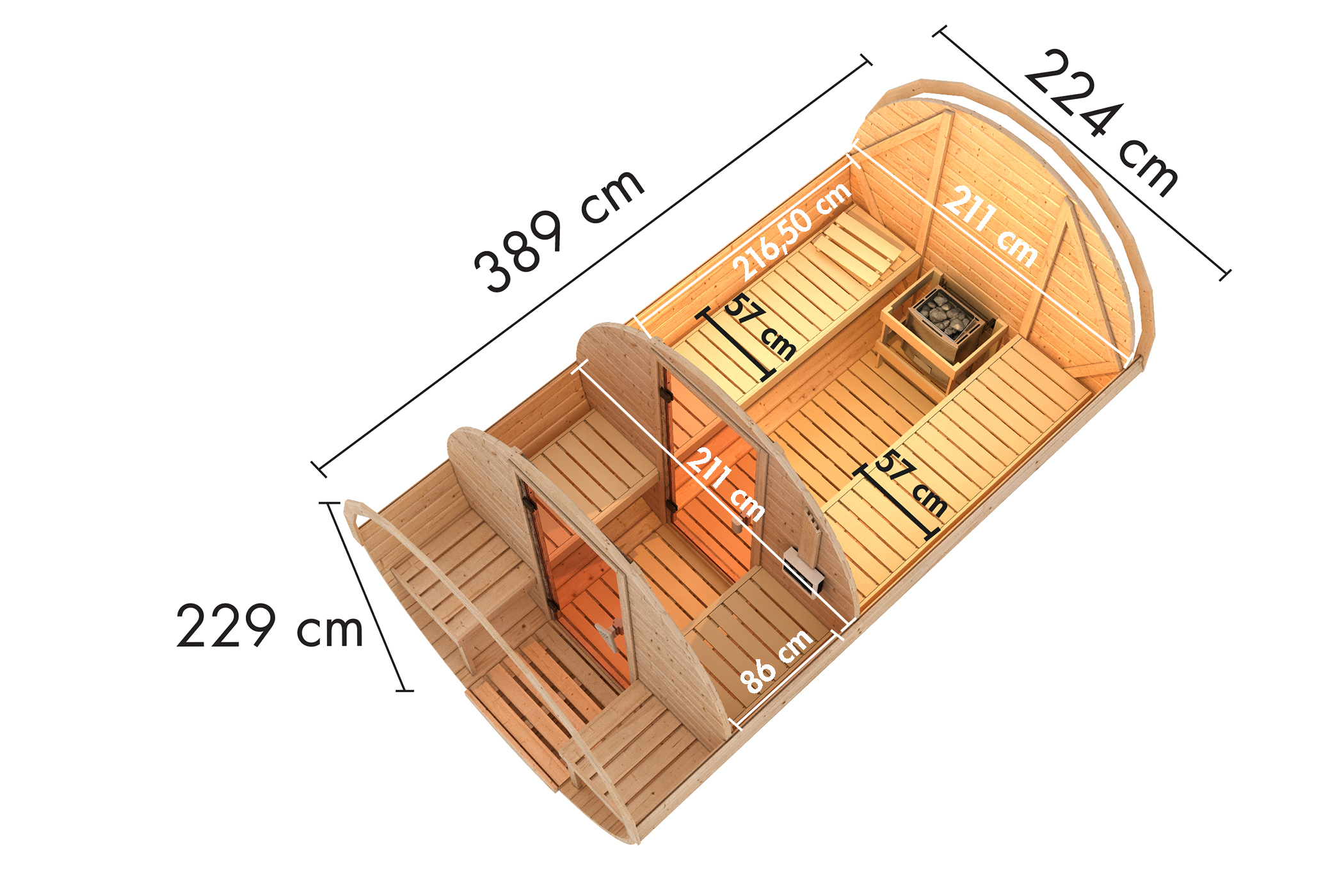 Maßzeichnung der Karibu Fasssauna 3 mit Außenmaß 225 × 385 cm der Kabine