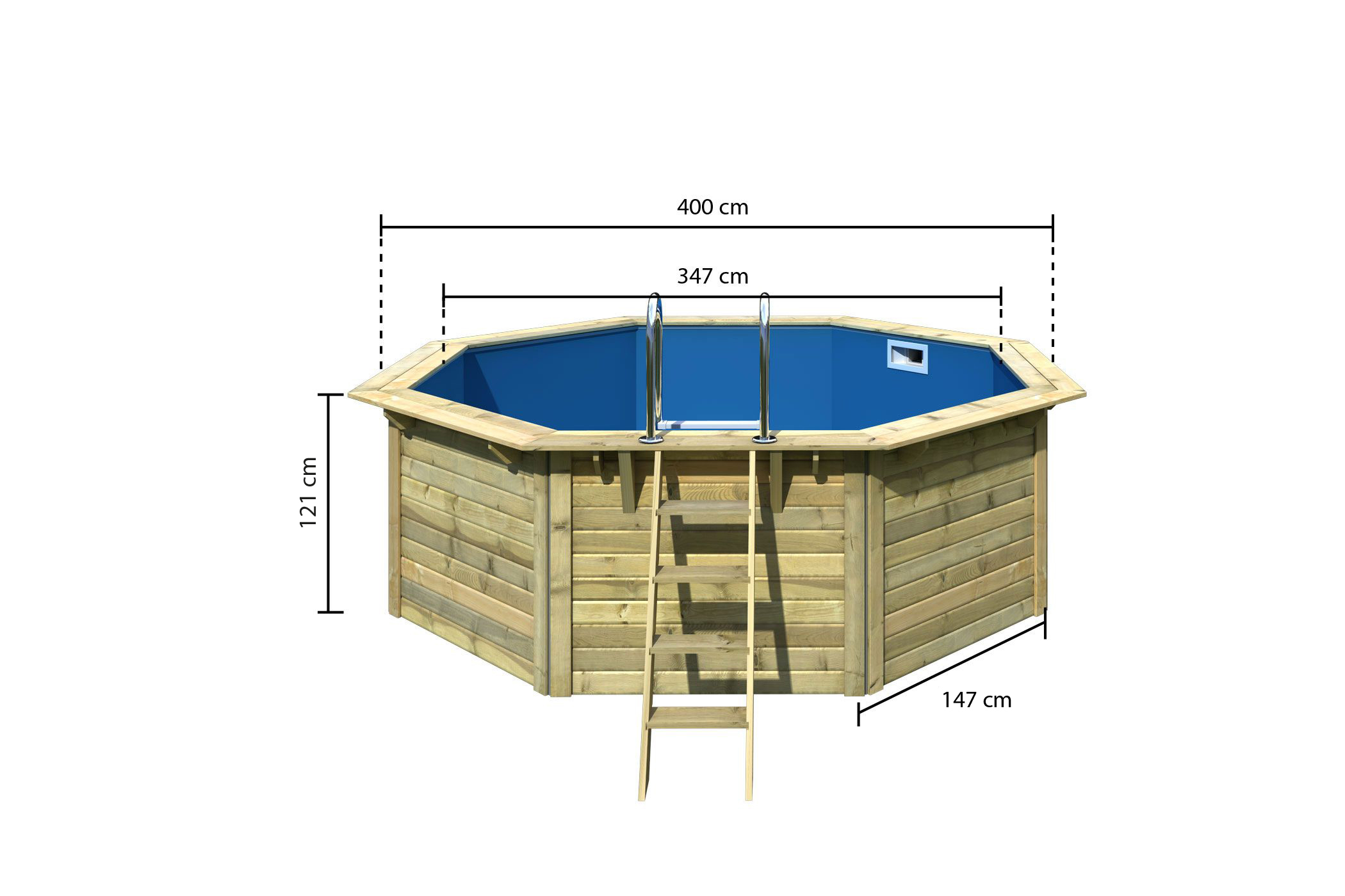 Bemaßte Maßzeichnung des Karibu Pool Modell X1, 358 × 358 cm