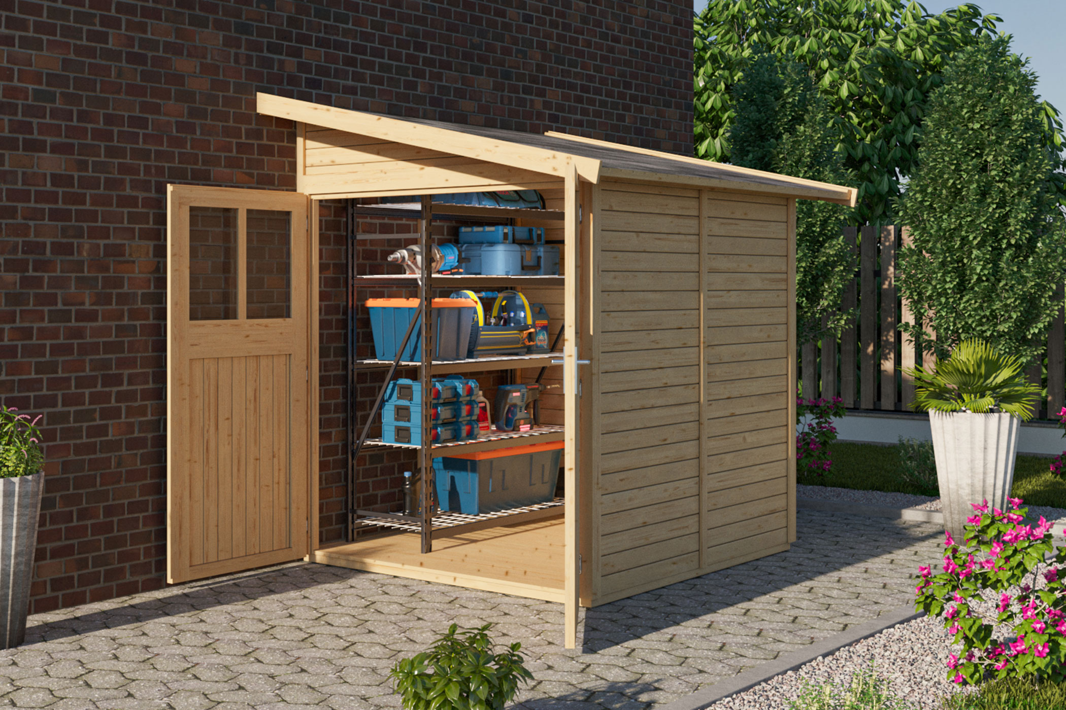 Karibu Gerätehaus Wandlitz 2 in Naturbelassen im Garten