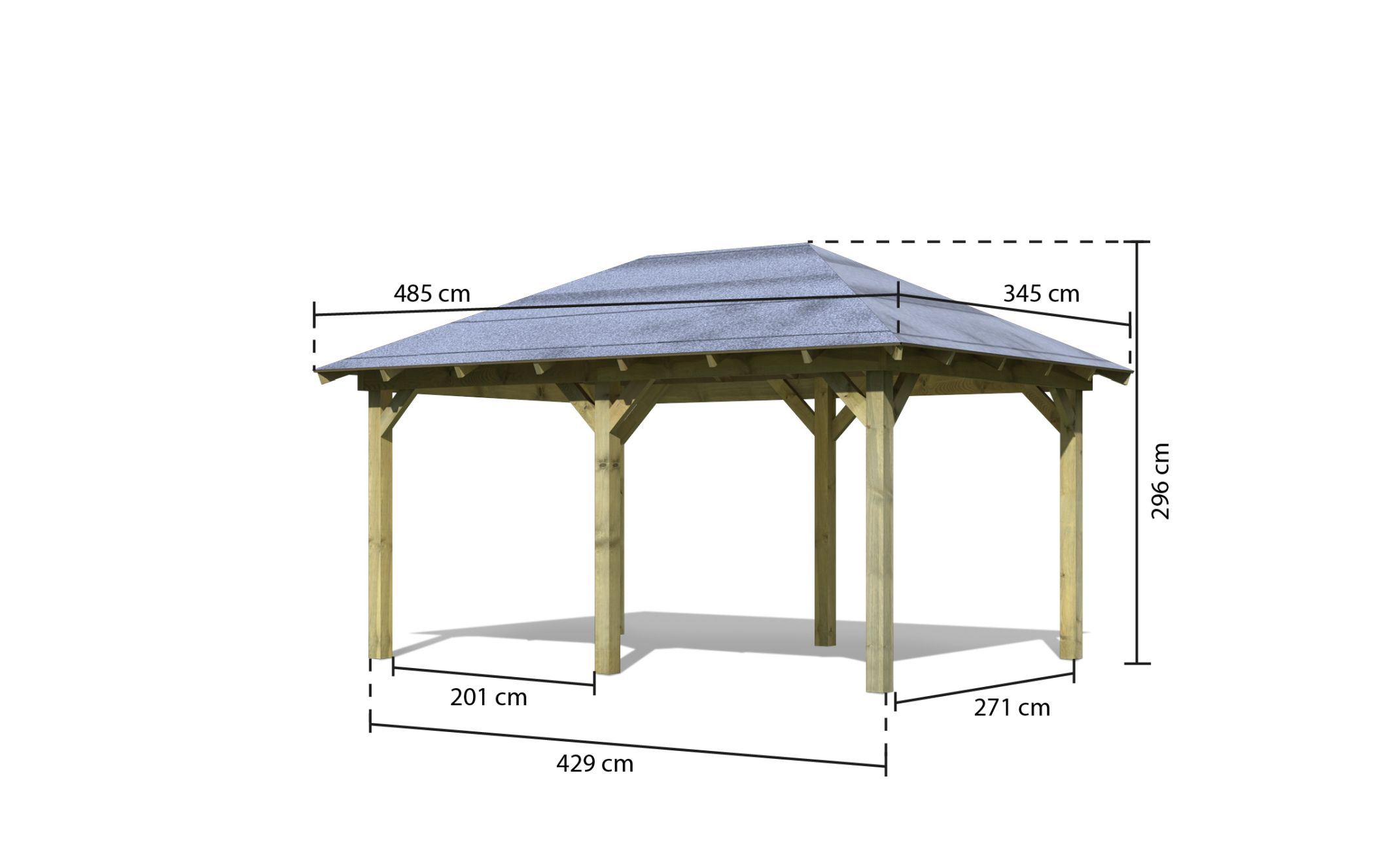 Maßzeichnung des Karibu Pavillon Perida mit Dachmaß 345 × 485 cm und Firsthöhe 296 cm