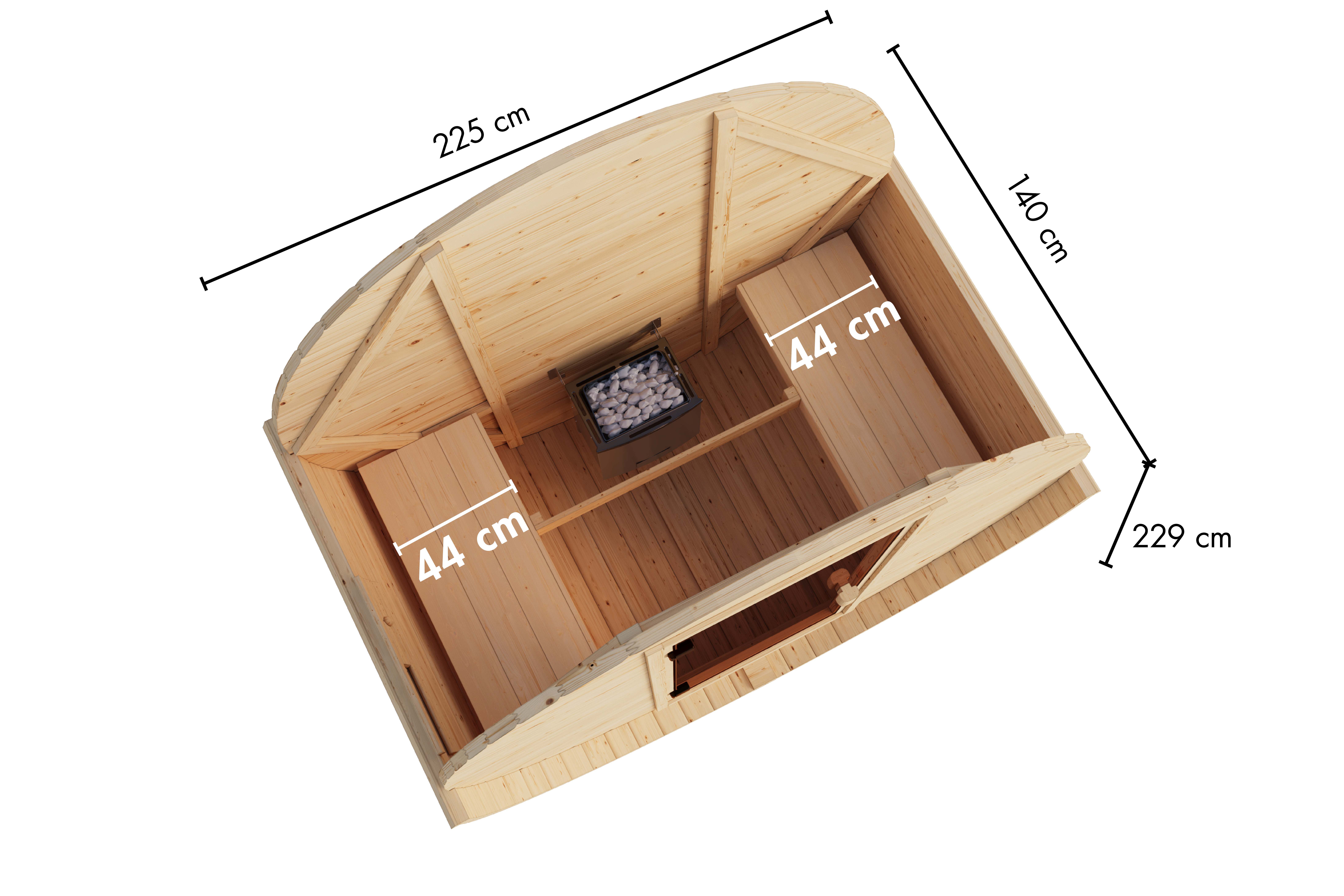 Maßzeichnung der Karibu Fasssauna Mini Basic mit Außenmaß 225 × 140 cm der Kabine